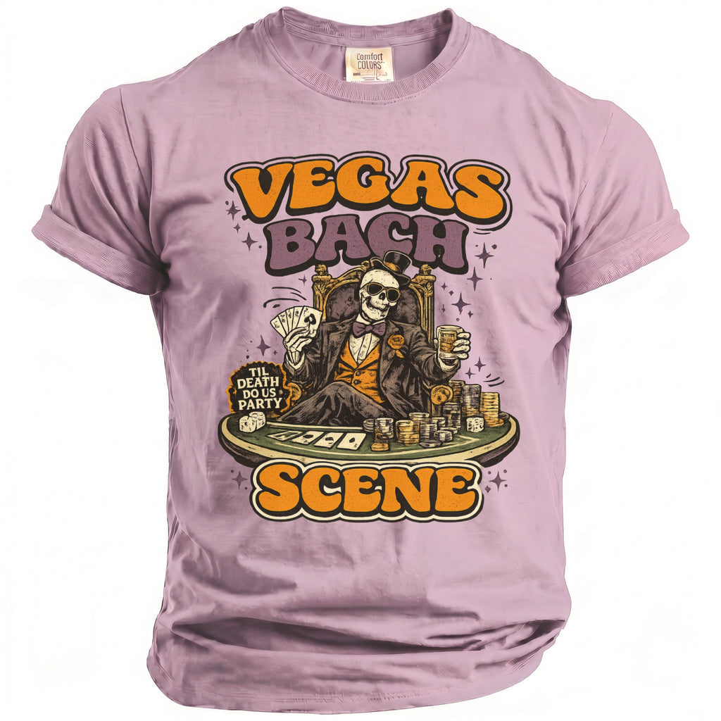 Skeleton playing poker with "Vegas Bach Scene" text.