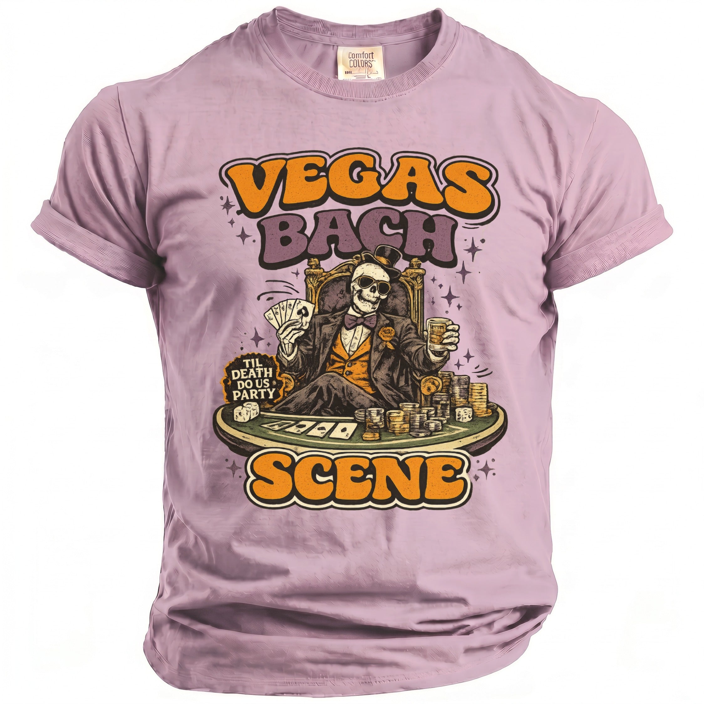 Skeleton playing poker with "Vegas Bach Scene" text.