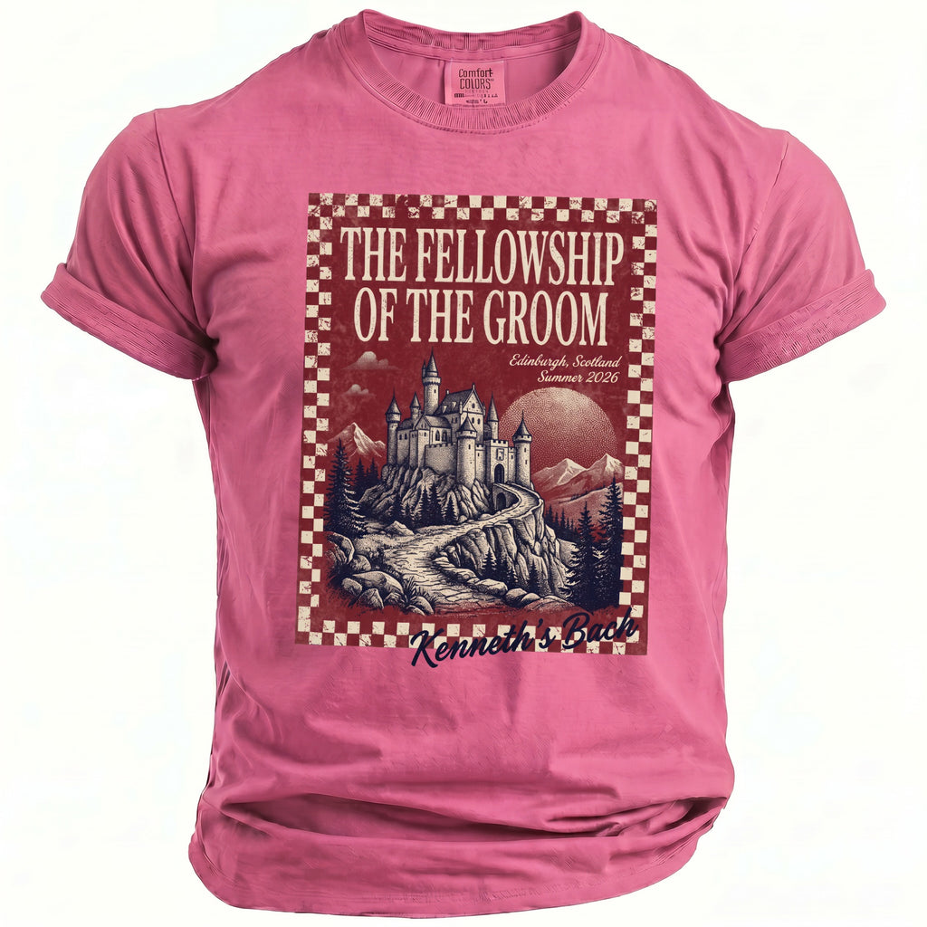 Pink t-shirt with "The Fellowship of the Groom" text and castle illustration.