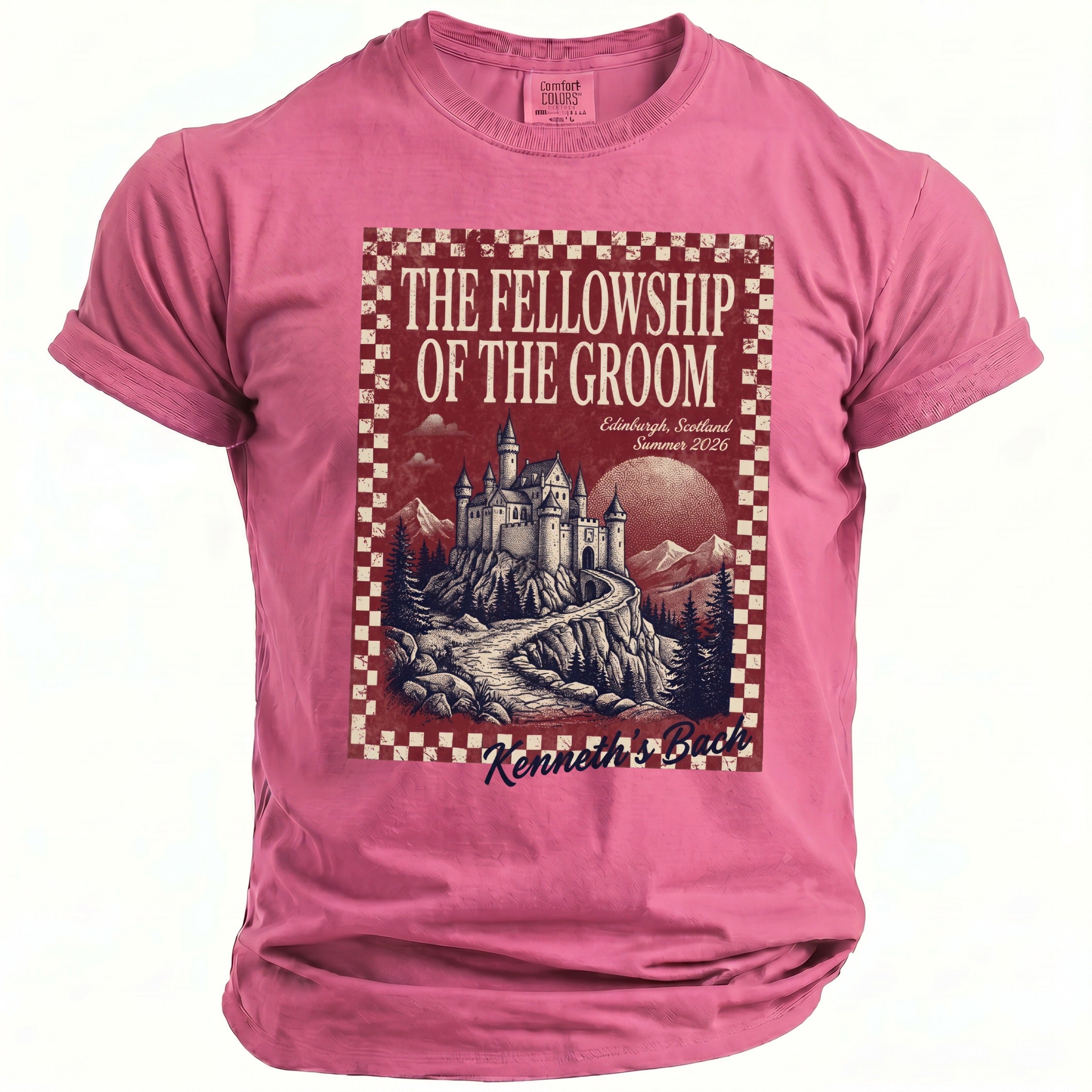Pink t-shirt with "The Fellowship of the Groom" text and castle illustration.