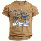 Brown t-shirt with text "Mike's Bach Under New Management" and bachelor party graphics.