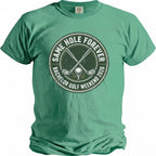 Green t-shirt with "Same Hole Forever Bachelor Golf Weekend 2026" graphic.