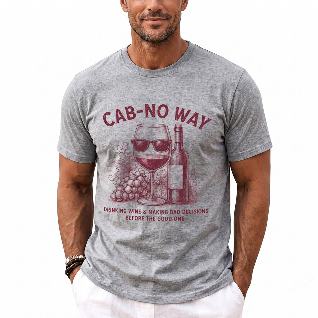 Grey t-shirt with wine glass, bottle, grapes, and text.