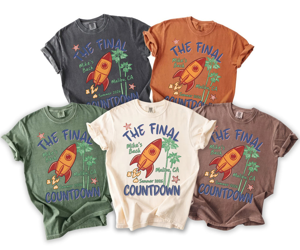 Five t-shirts in different colors featuring "The Final Countdown" text and spaceship graphic.