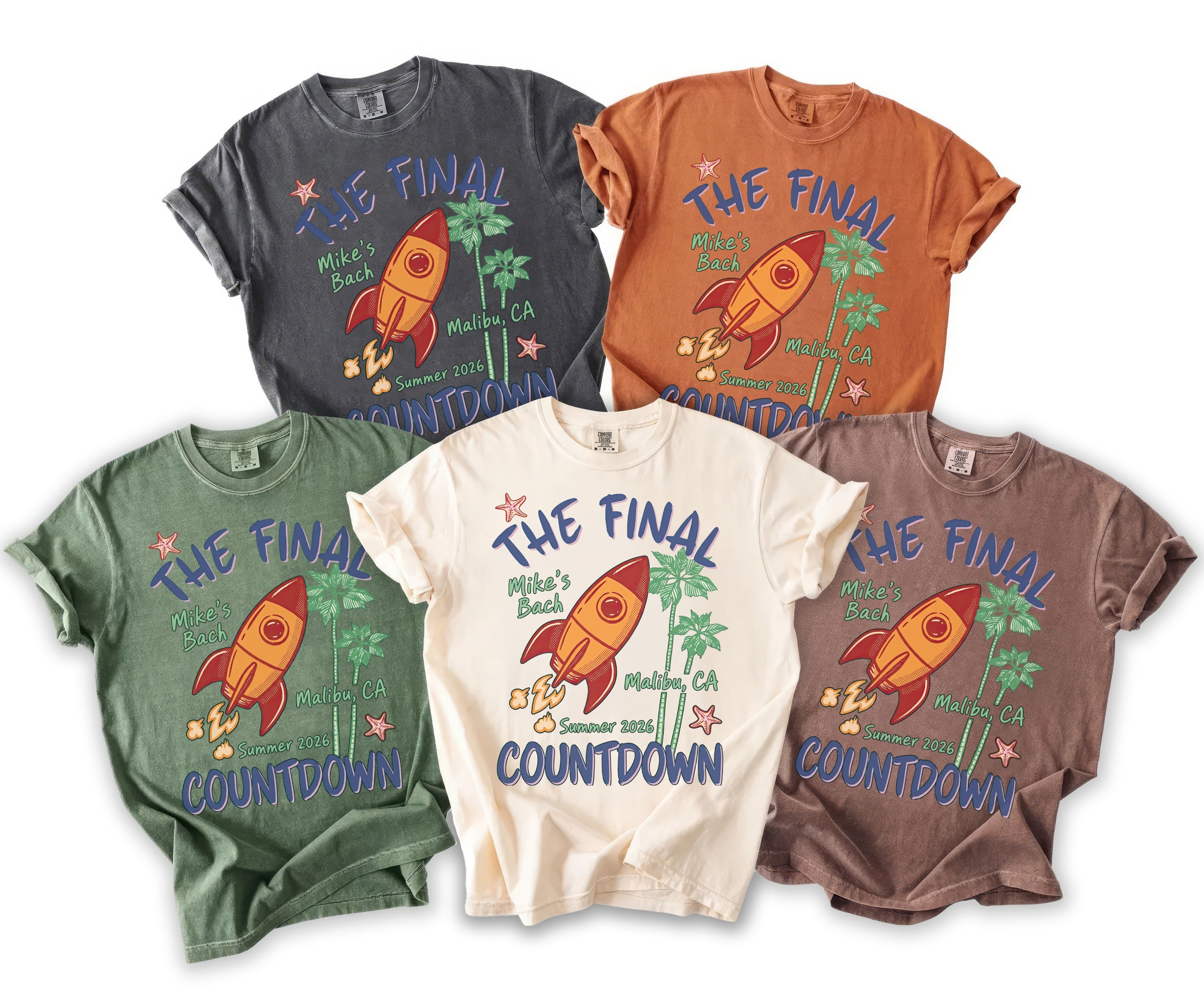 Five t-shirts in different colors featuring "The Final Countdown" text and spaceship graphic.