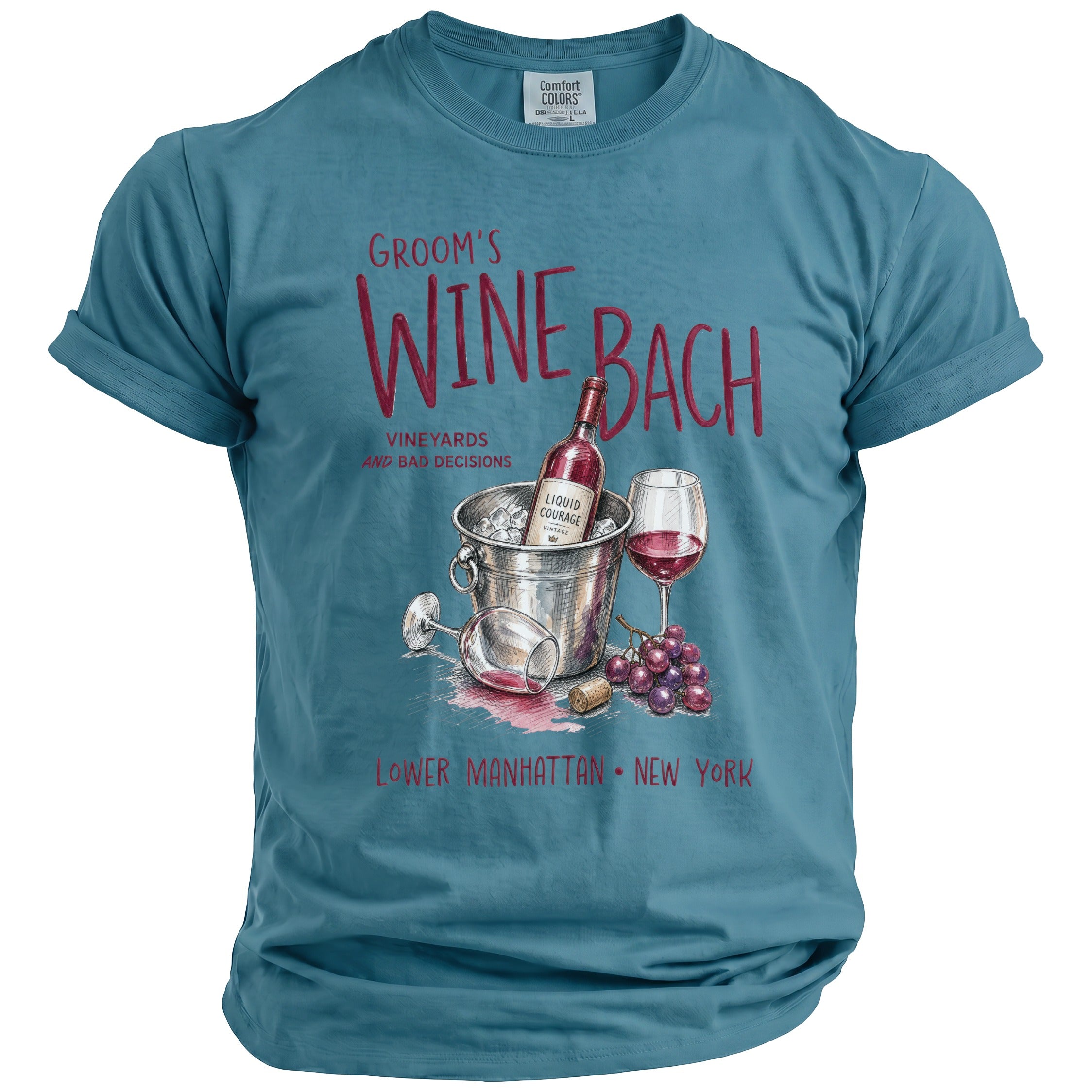 Groom's Wine Bach design with wine bottle, ice bucket, glasses, and grapes. Lower Manhattan, New York.