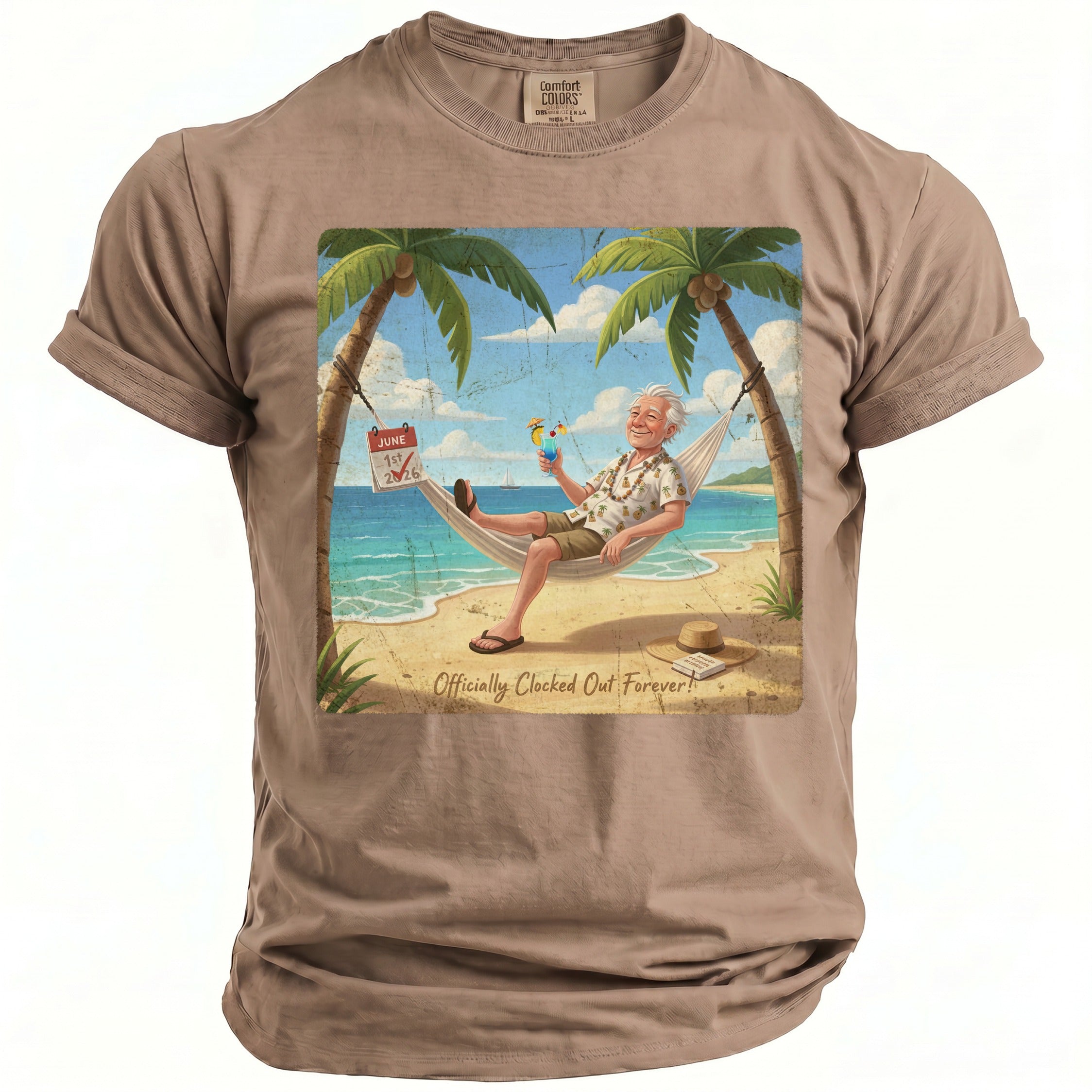 T-shirt graphic: man in hammock on beach, with calendar dated June 1st, 2026.