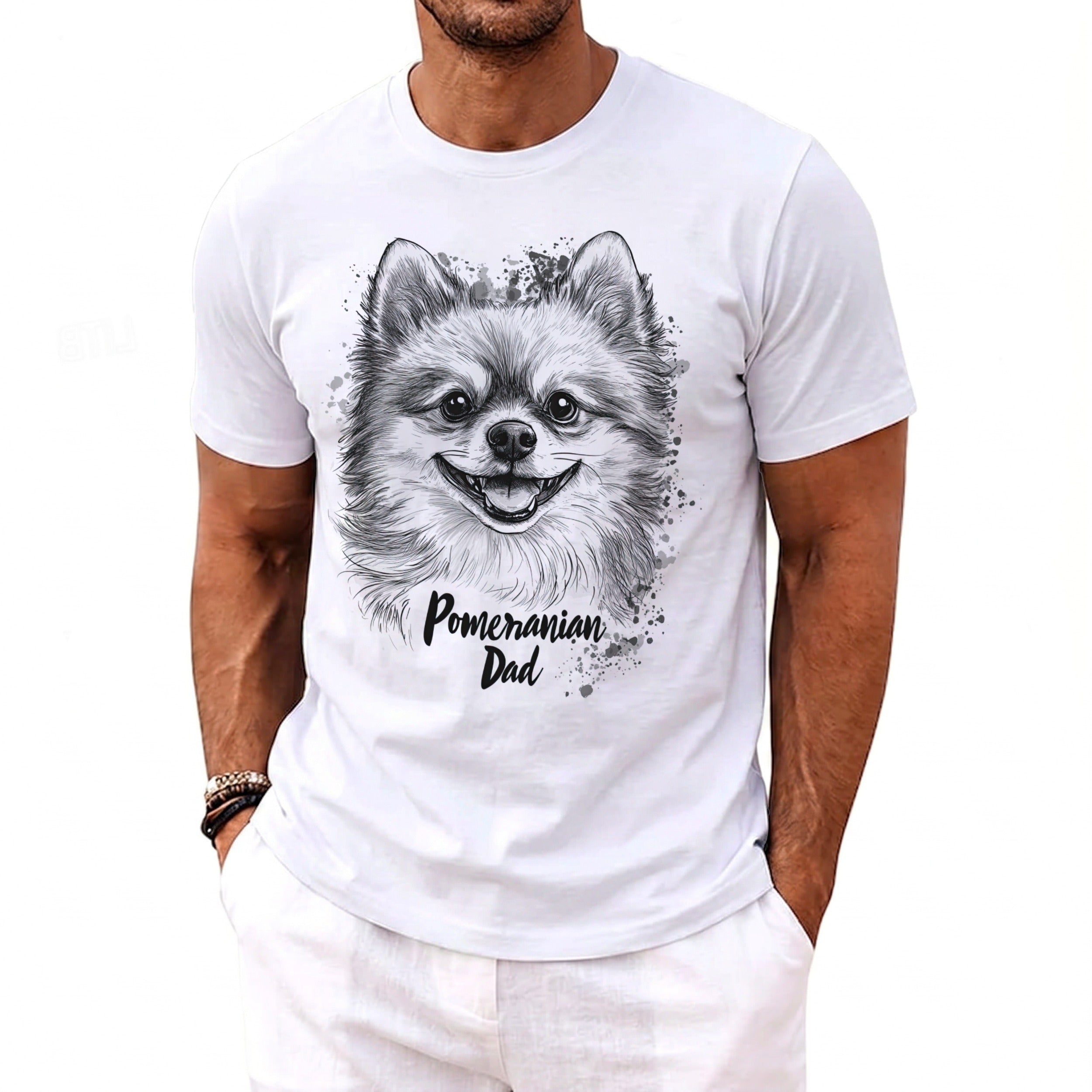White t-shirt with a sketched Pomeranian dog and text "Pomeranian Dad".