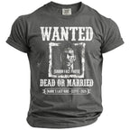 Gray t-shirt with "WANTED DEAD OR MARRIED" text and groom's face photo.