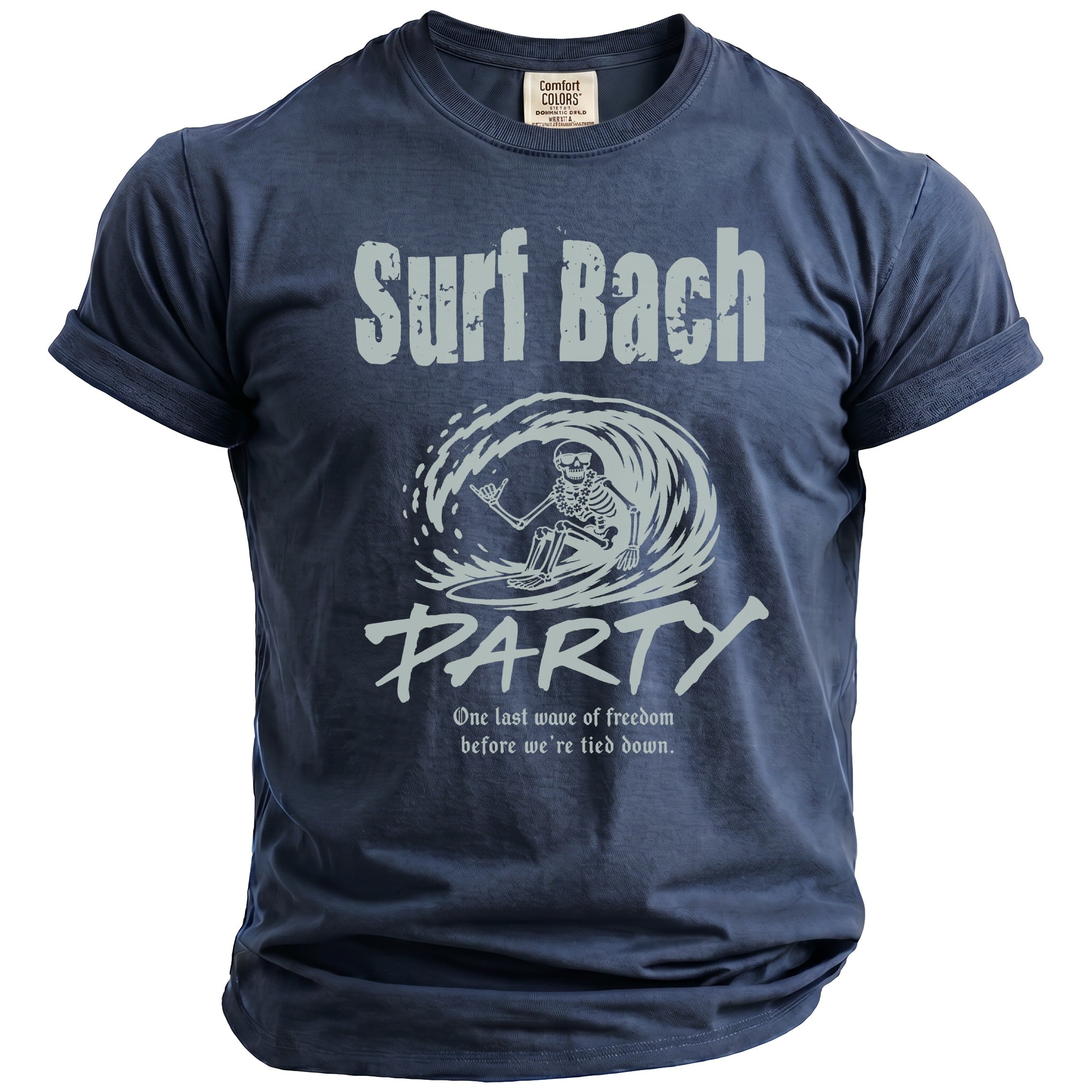 T-shirt with skeleton surfing a wave, "Surf Bach Party" text.