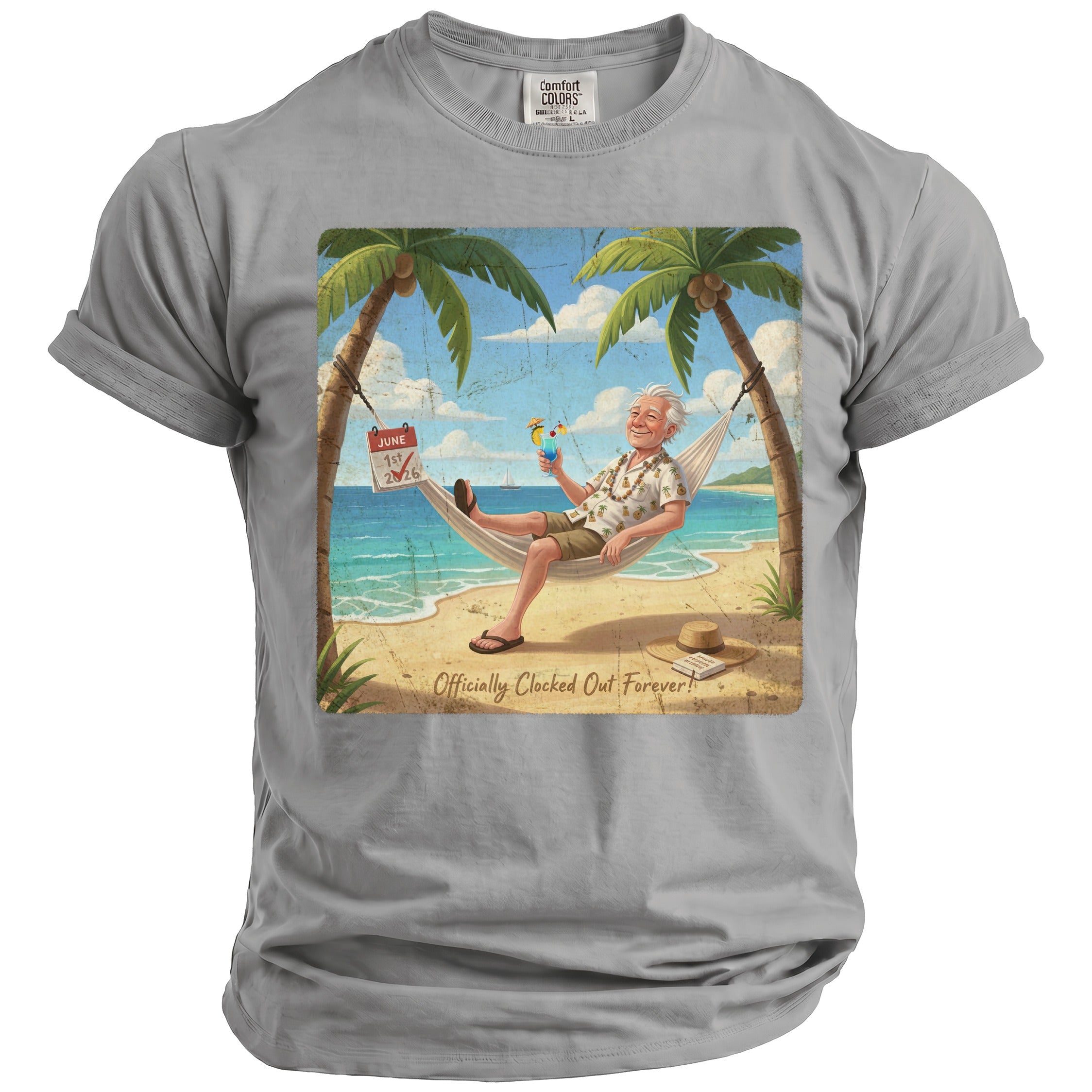 Man relaxing in hammock on beach with drink, calendar shows June 1st 2026.