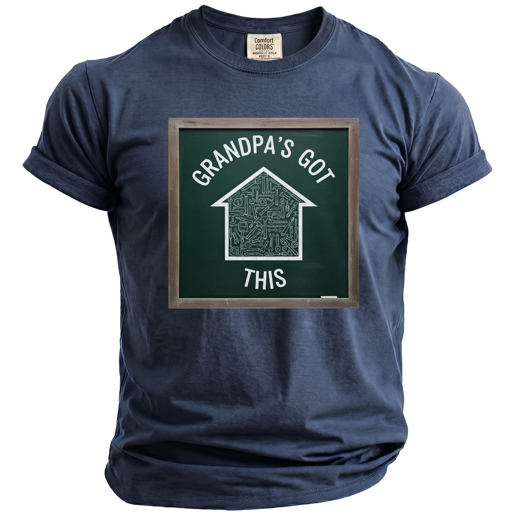 Navy t-shirt with a chalkboard graphic saying "GRANDPA'S GOT THIS"