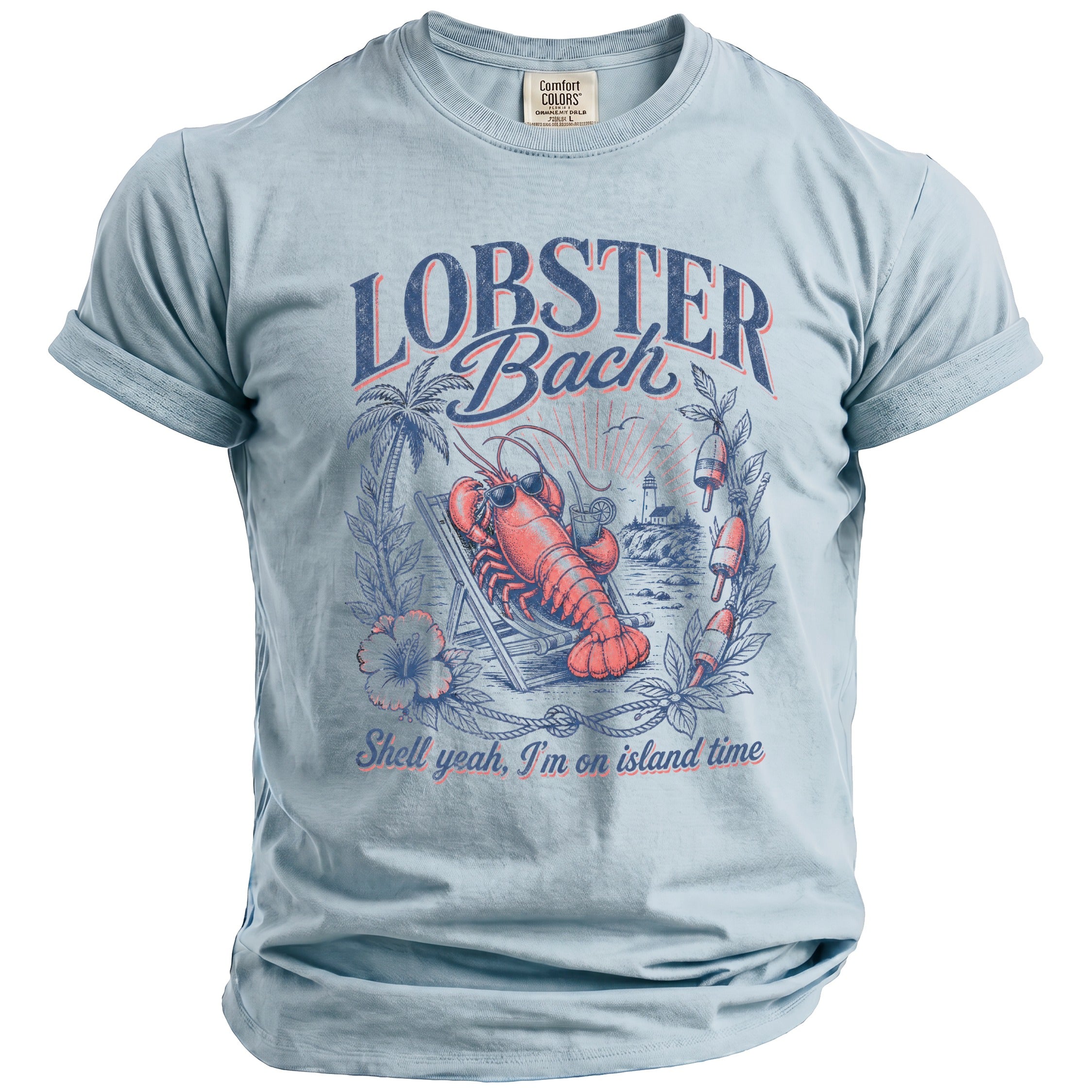 Light blue t-shirt with lobster graphic, lighthouse, and text "Lobster Back".