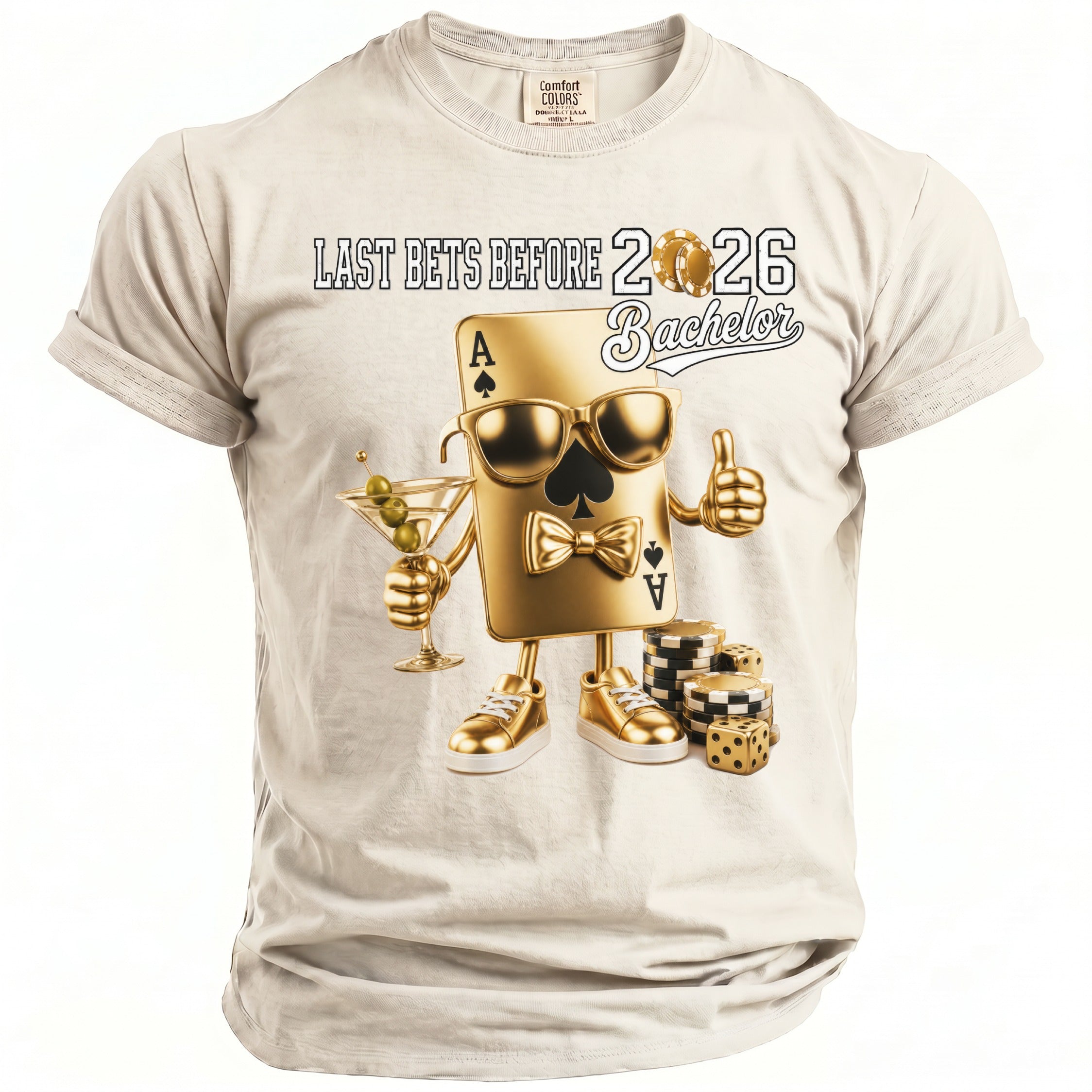 T-shirt graphic: golden ace of spades with sunglasses holding martini, giving thumbs up, with chips and dice.