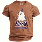 Brown t-shirt with a cartoon ghost, cocktails, and text "Spooky Booze Crew Tyler's Bachelor Bash".