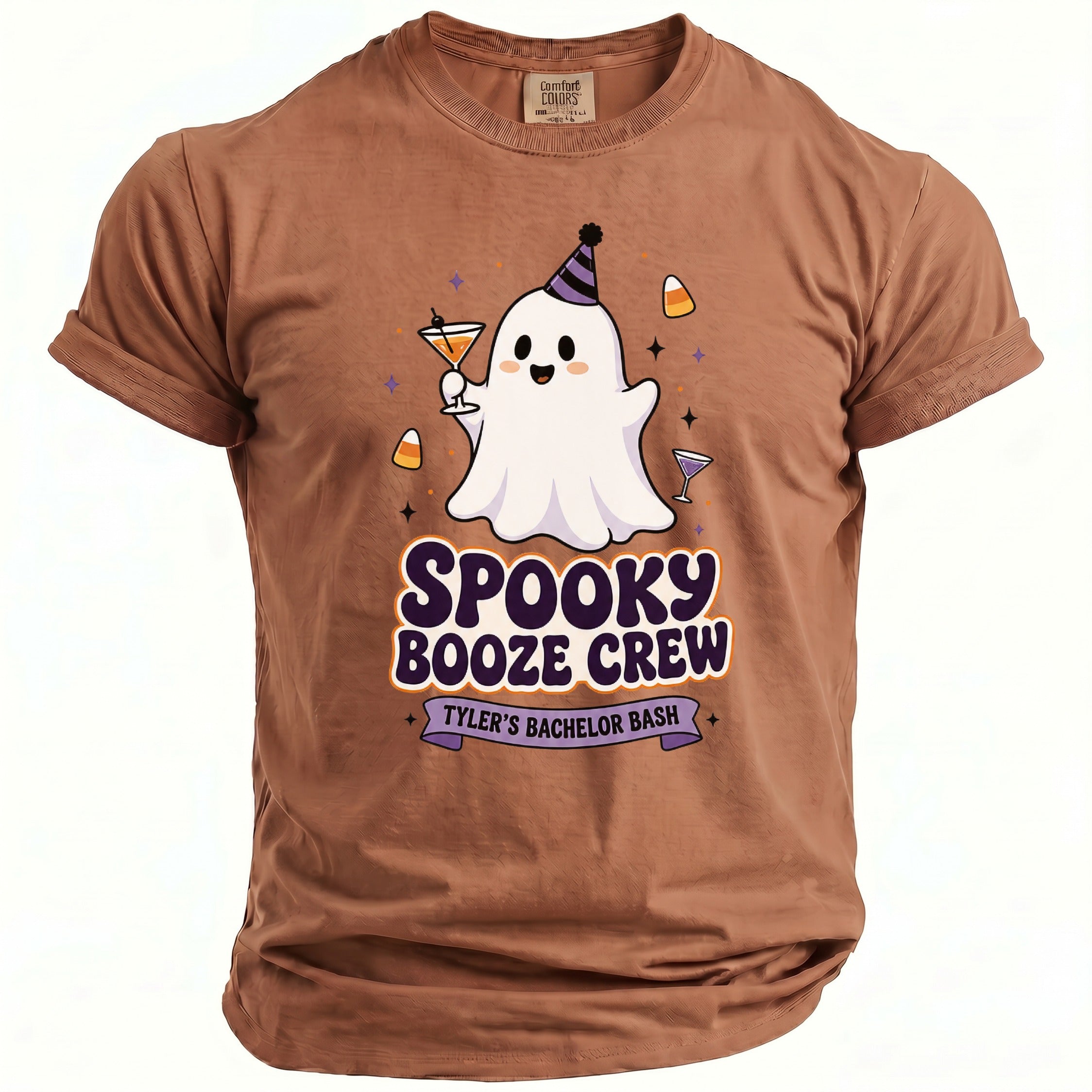 Brown t-shirt with a cartoon ghost, cocktails, and text "Spooky Booze Crew Tyler's Bachelor Bash".