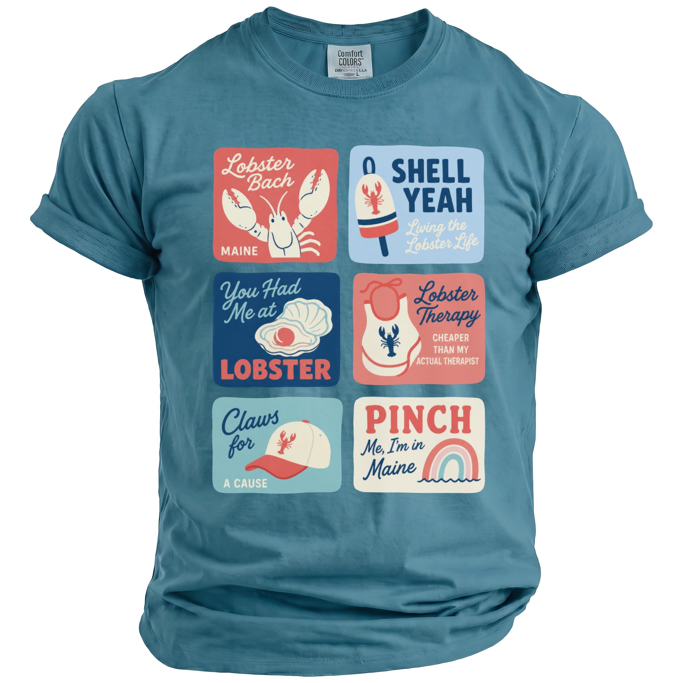 Teal t-shirt with six graphic panels featuring lobster and Maine-themed text and illustrations.