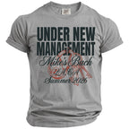 Gray t-shirt with "Under New Management Mike's Bach L.A. CA Summer 2026" text.