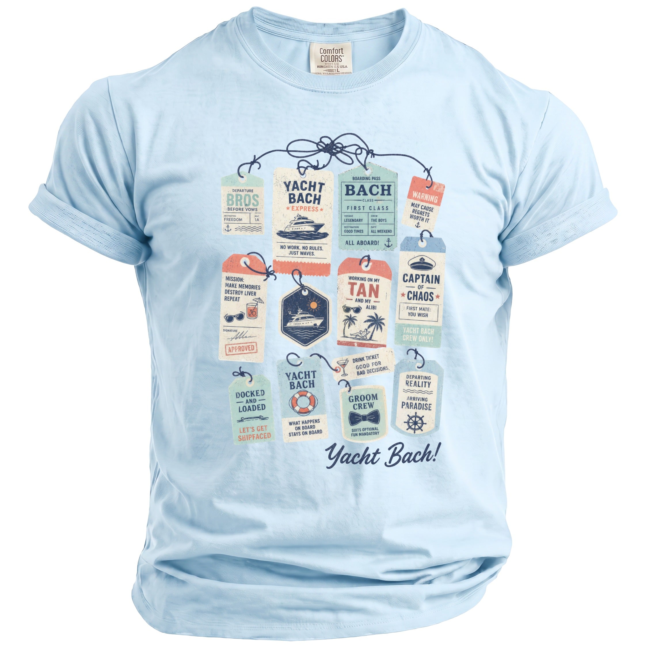 Light blue t-shirt with "Yacht Bach!" and various tag designs.