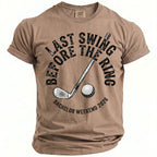 Tan t-shirt with "Last Swing Before The Ring" and golf imagery.