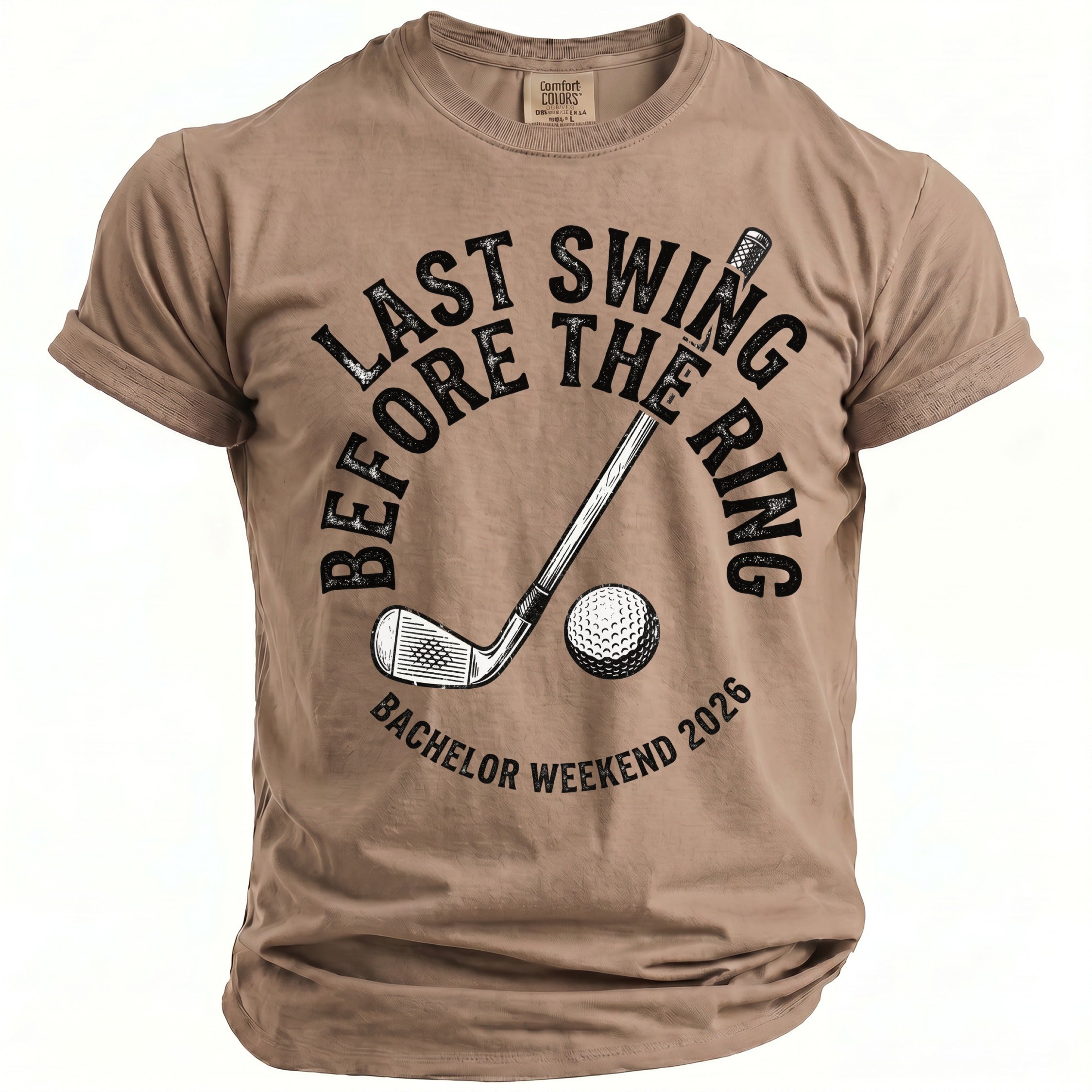 Tan t-shirt with "Last Swing Before The Ring" and golf imagery.