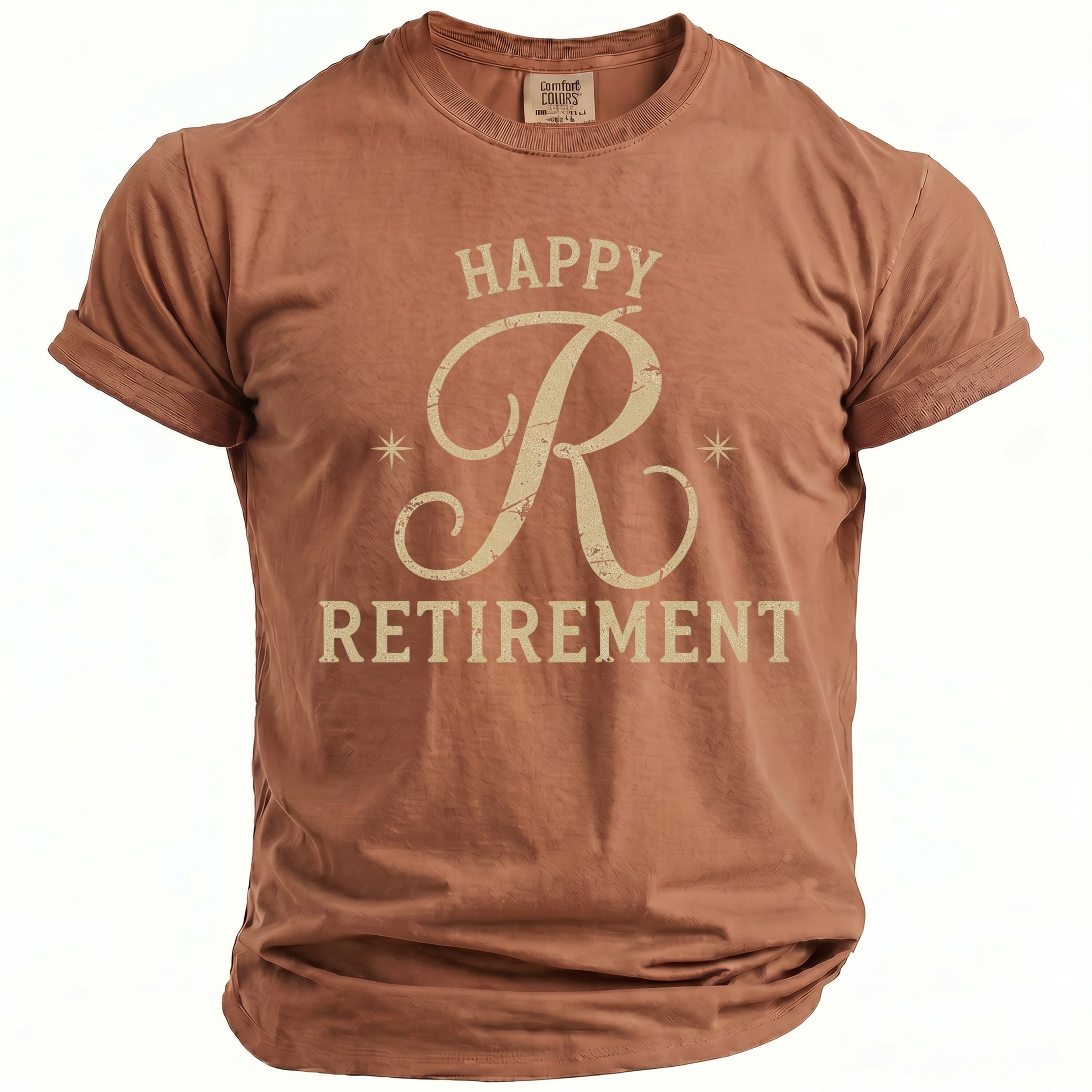 Brown t-shirt with distressed "Happy R Retirement" text and stars design.