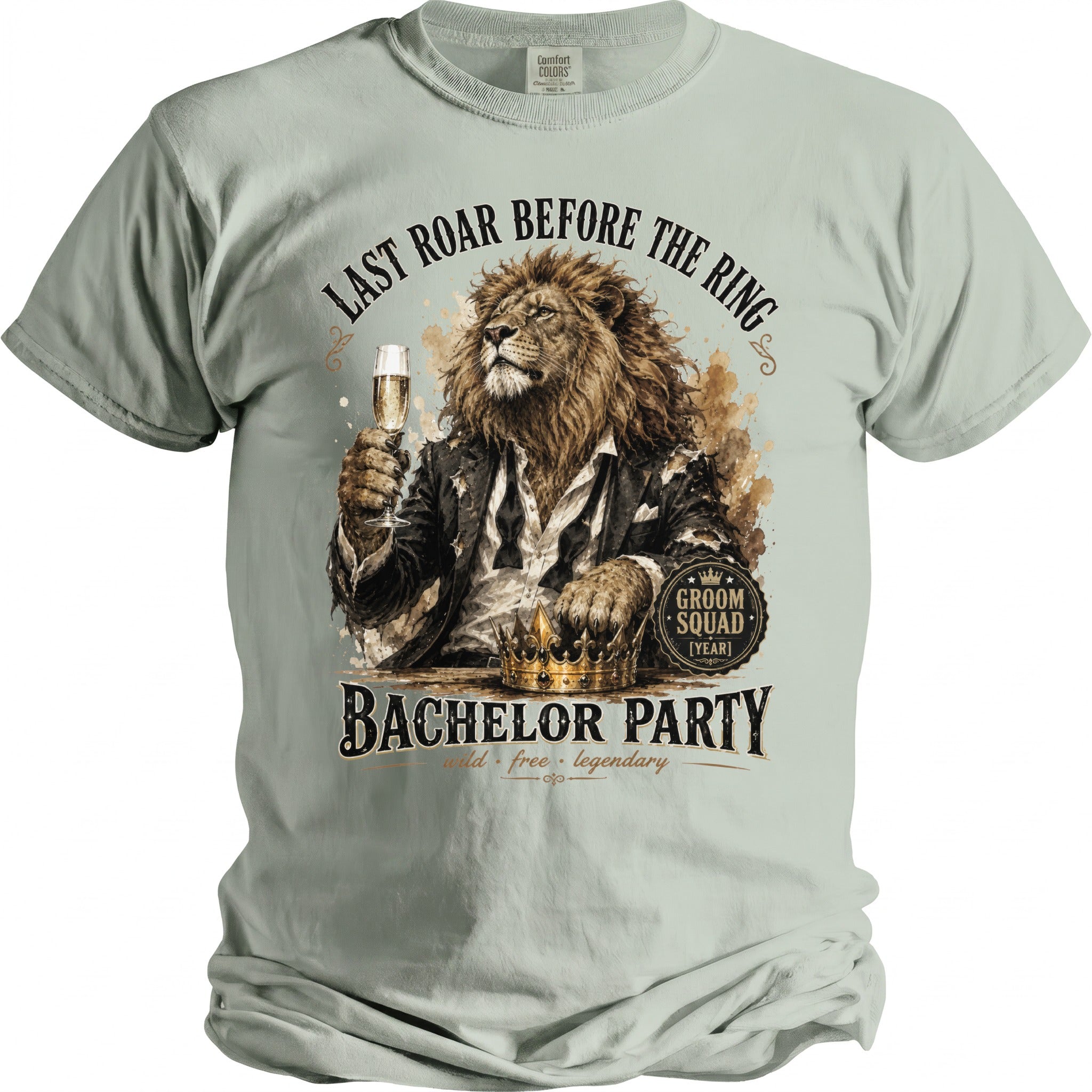 Lion in suit holding champagne glass with "Bachelor Party" and "Last Roar Before the Ring" text.