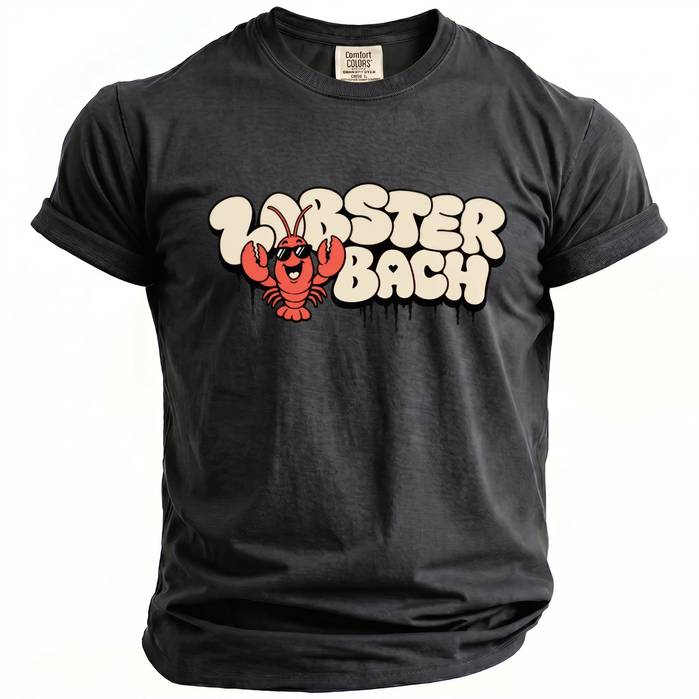 Black t-shirt with a cartoon lobster and "Lobster Bach" text.