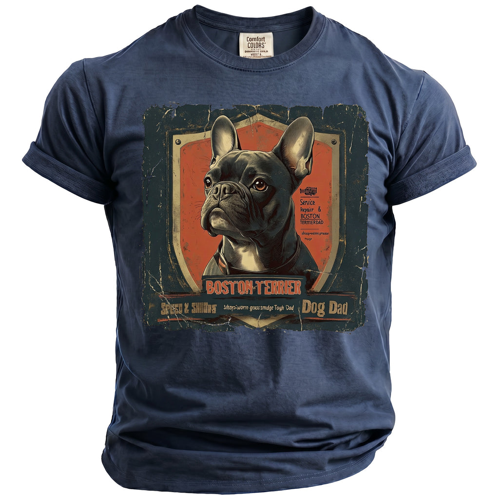 Navy t-shirt with a vintage graphic of a Boston Terrier and "Dog Dad" text.