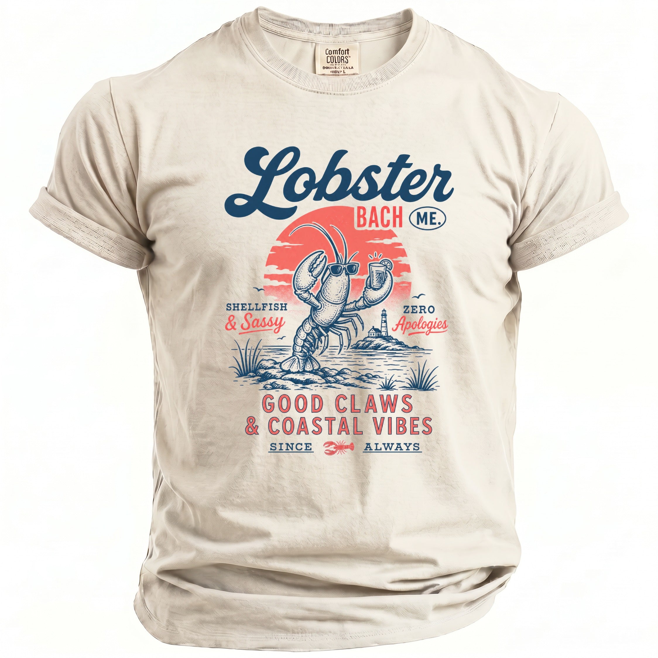T-shirt with "Lobster Bach ME" graphic, lobster with sunglasses, and "Good Claws & Coastal Vibes".