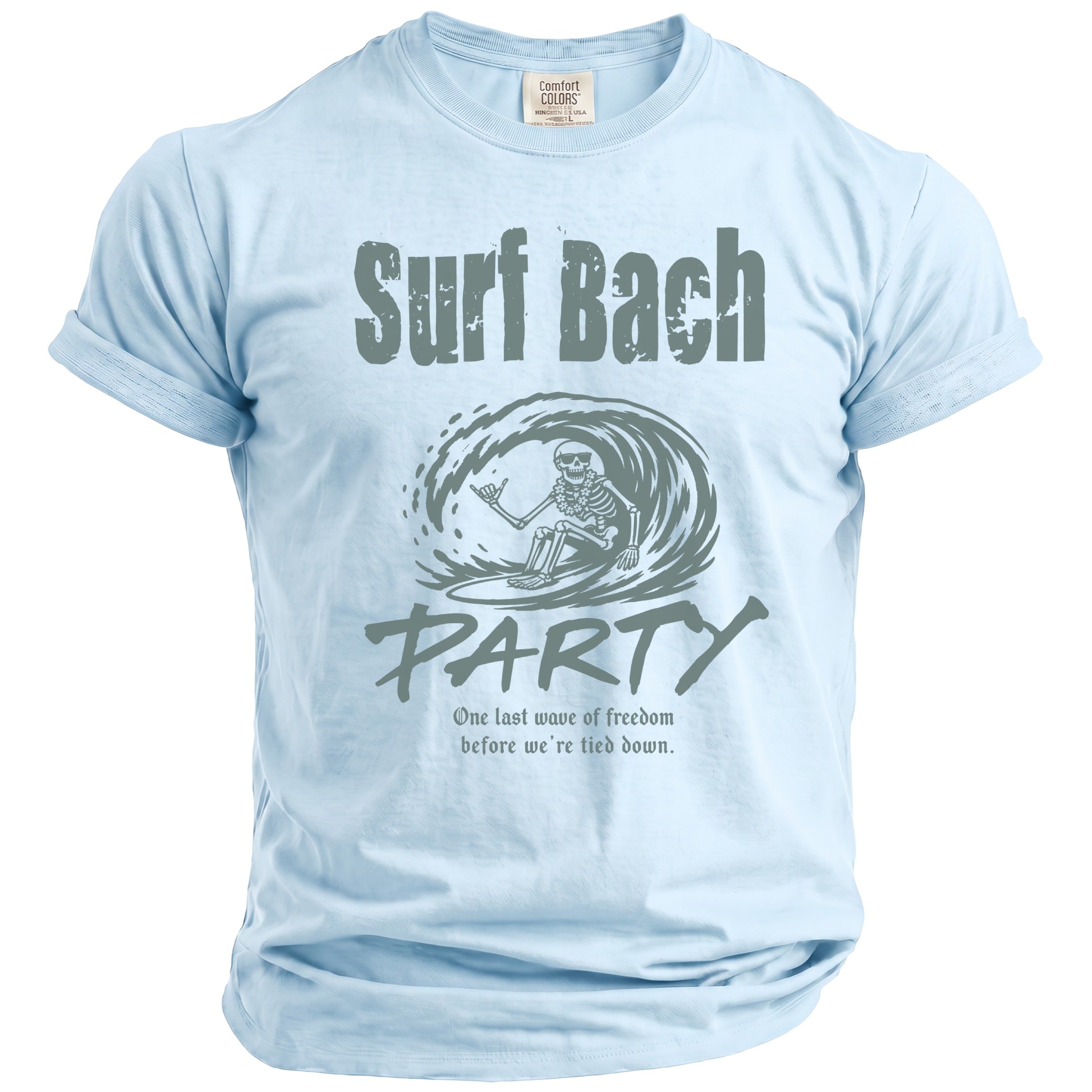 Light blue t-shirt with skeleton surfing a wave and text "Surf Bach PARTY".