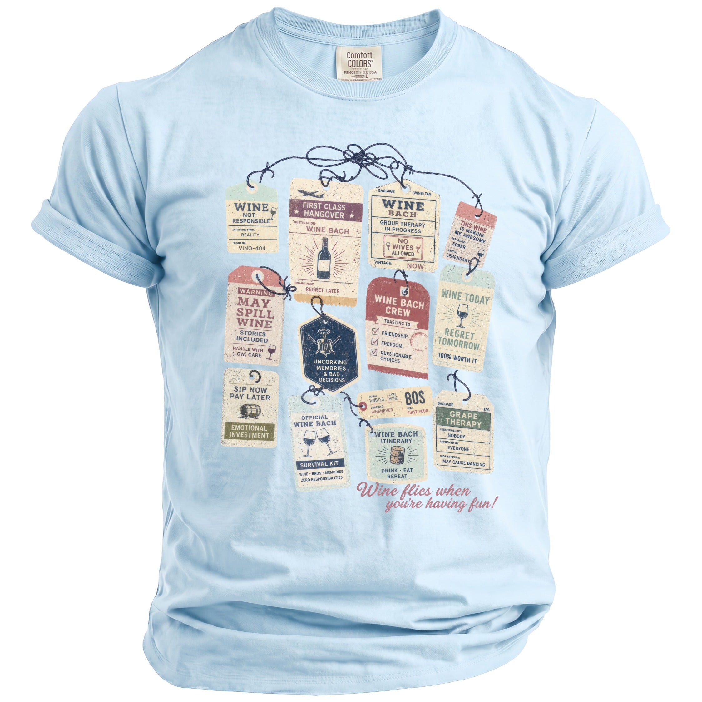 Light blue t-shirt with various wine-themed luggage tags printed on the front.