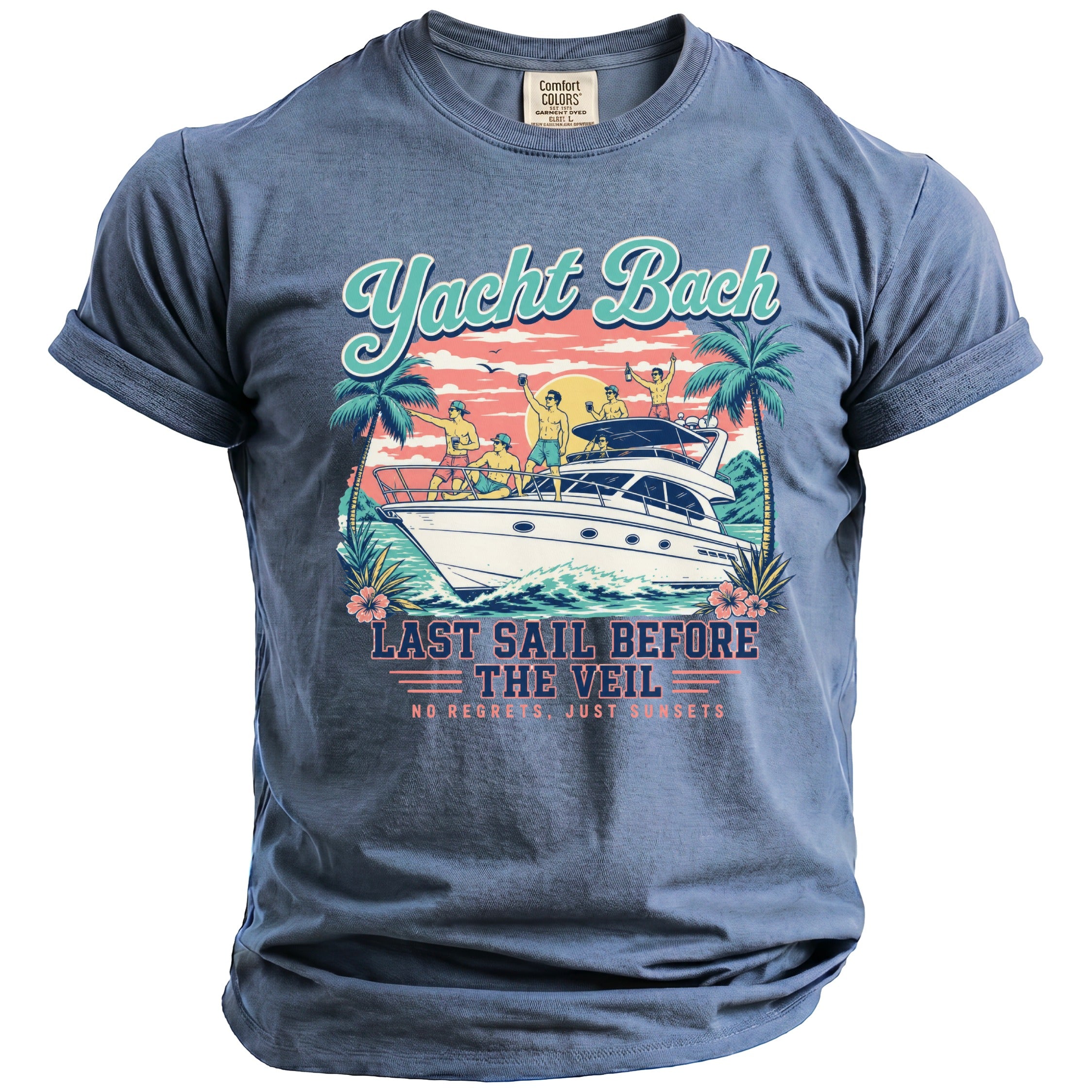 Blue crewneck t-shirt featuring a retro graphic of people on a yacht with sunset and palm trees.