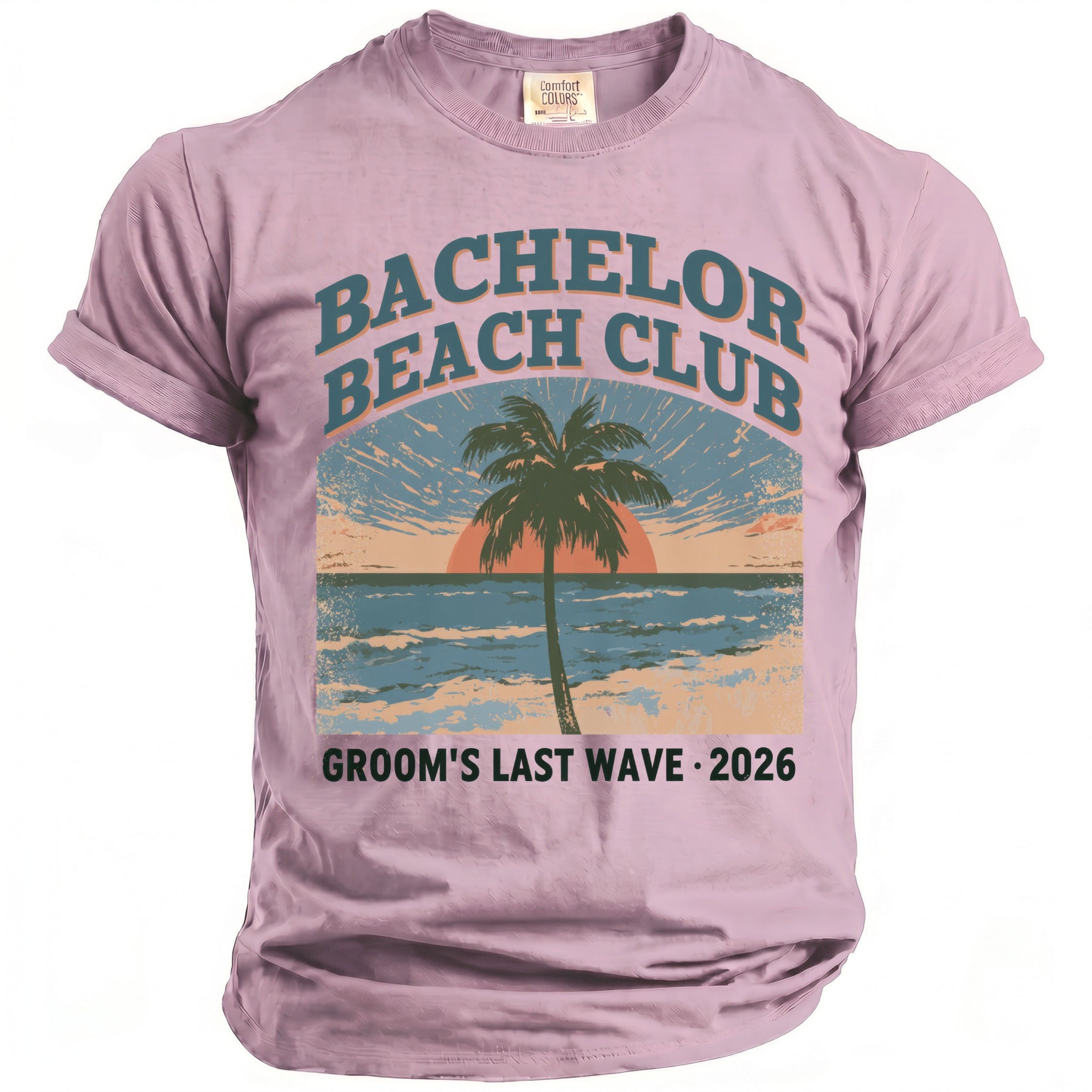 Pink t-shirt with "Bachelor Beach Club Groom's Last Wave 2026" text and beach graphic.