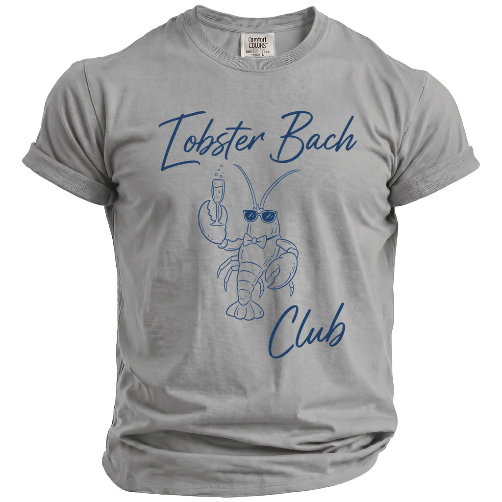 Grey t-shirt with "Lobster Bach Club" text and a lobster graphic.