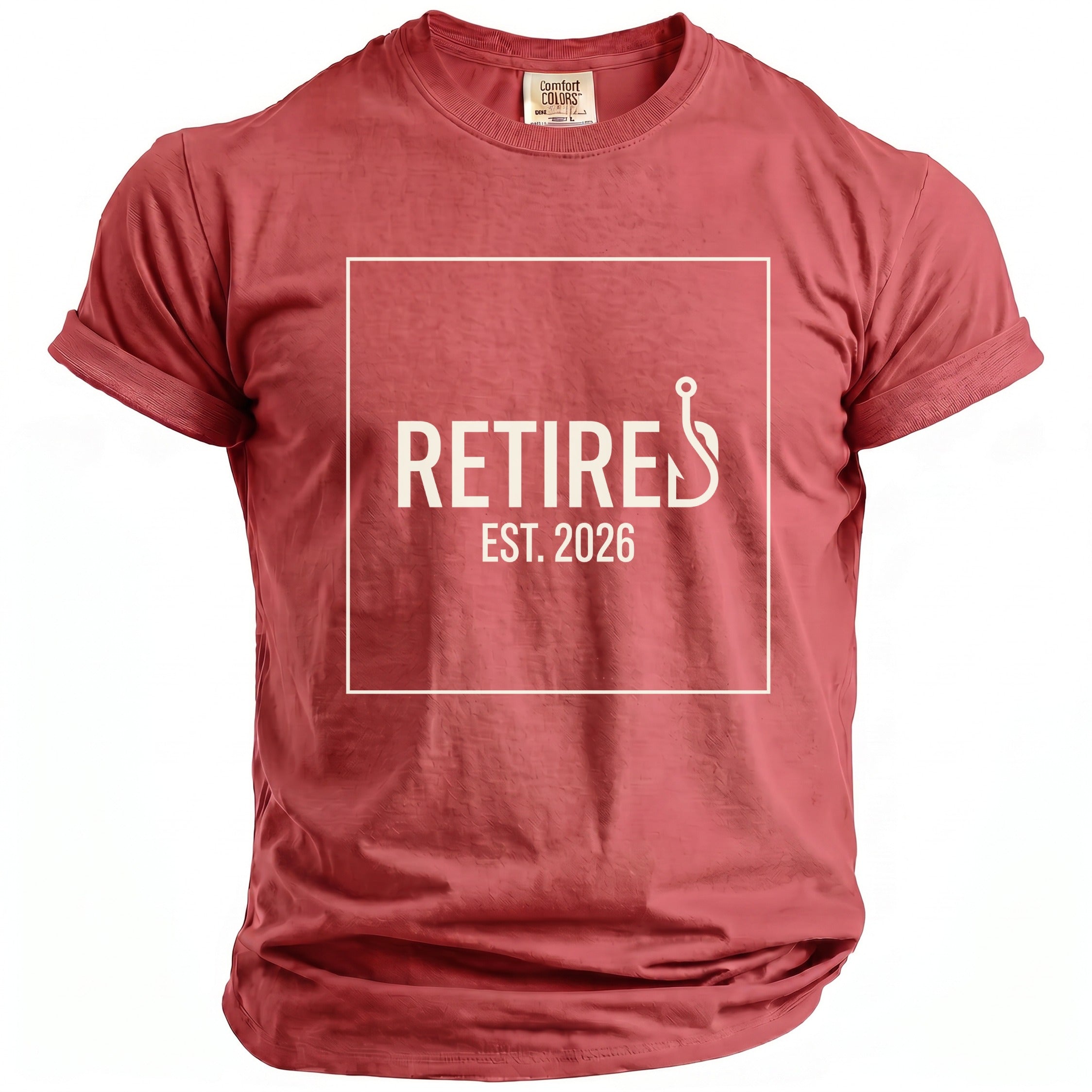 Red t-shirt with white text "RETIRED EST. 2026" and a fishing hook.