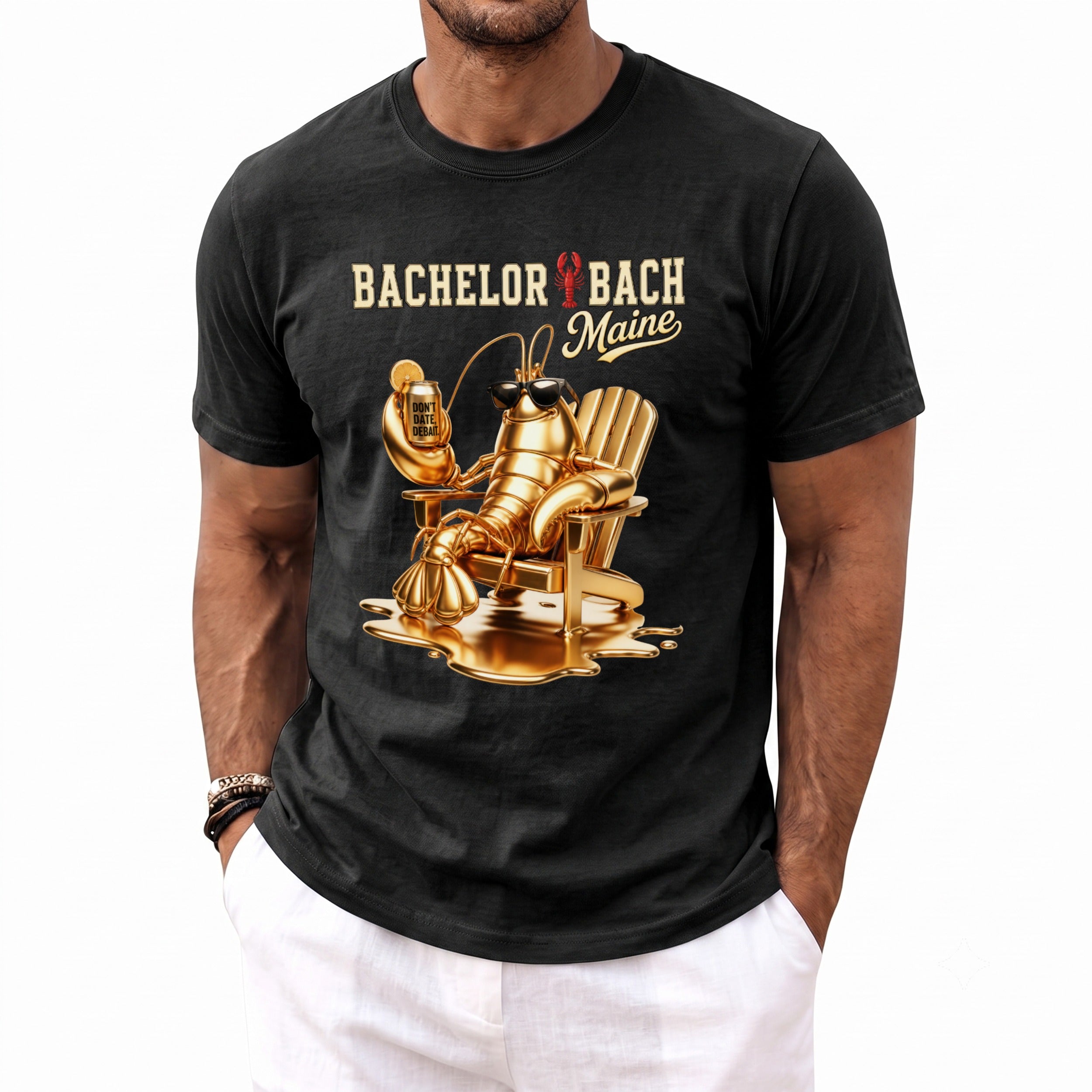 Black t-shirt with "Bachelor Bach Maine" text and a gold lobster in an Adirondack chair.
