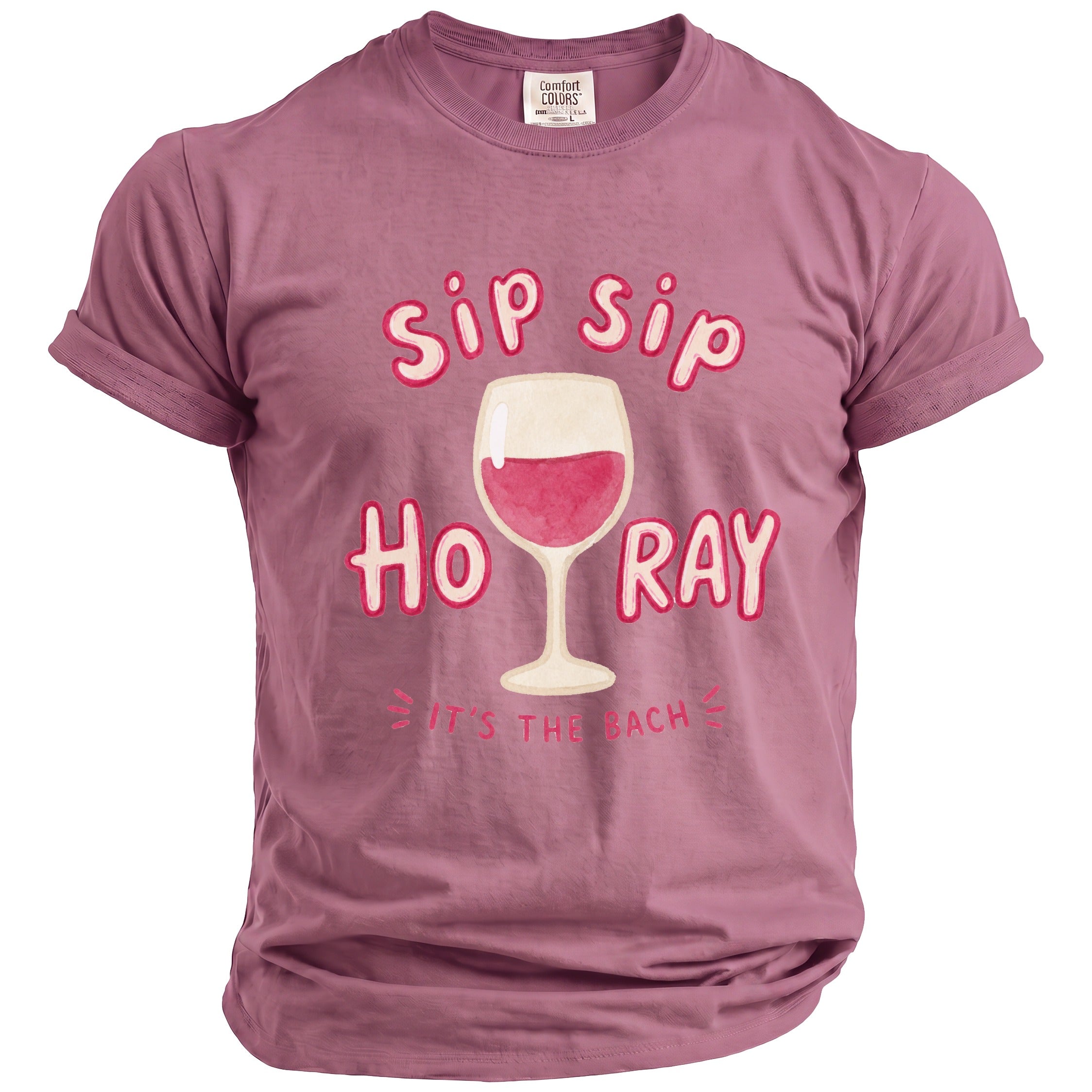 Rose t-shirt with "sip sip ho ray" and a wine glass graphic.