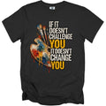 Black t-shirt with art palette, brushes, and "If it doesn't challenge you, it doesn't change you" text.