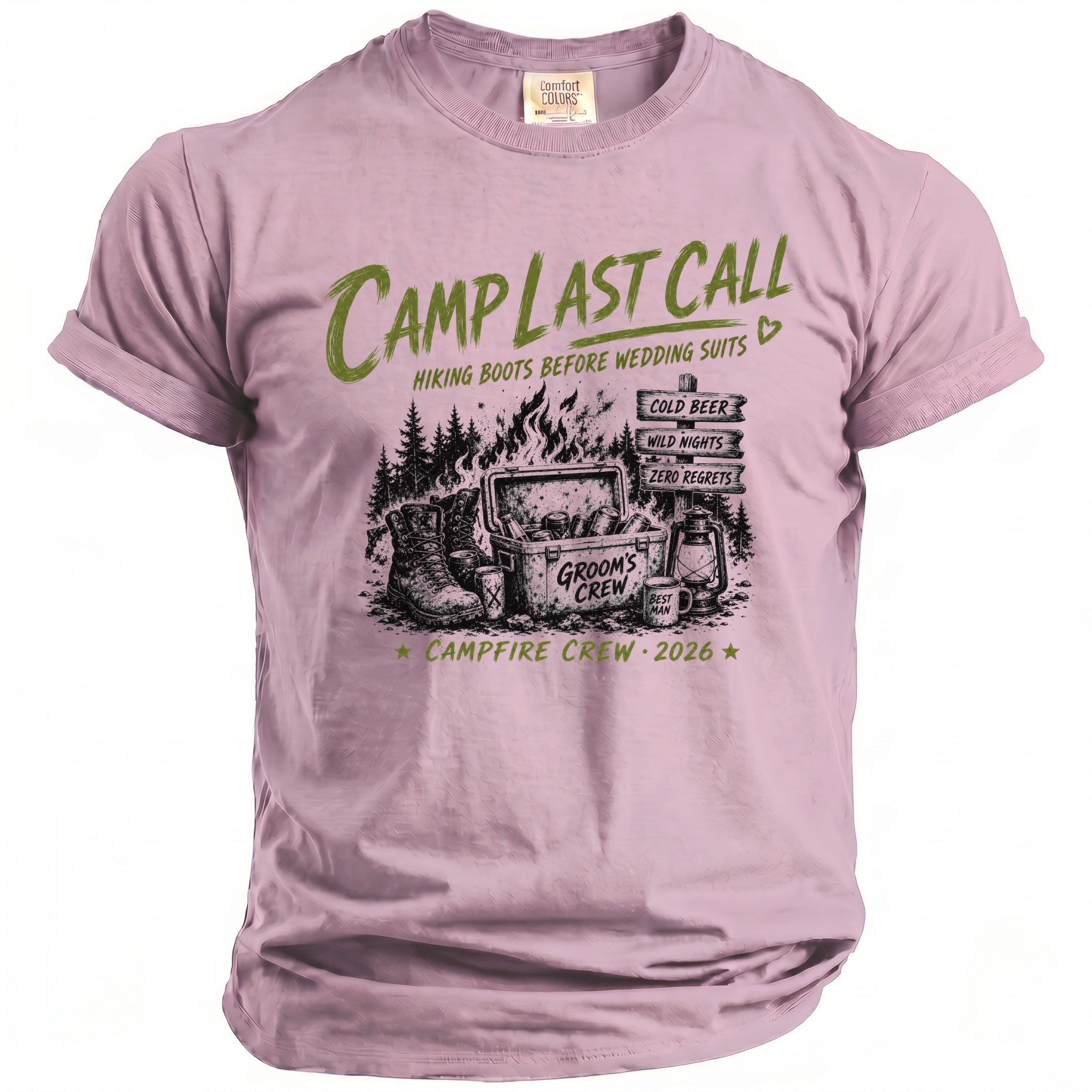 T-shirt with "Camp Last Call" graphic featuring camping gear, beer, and "Groom's Crew" text.