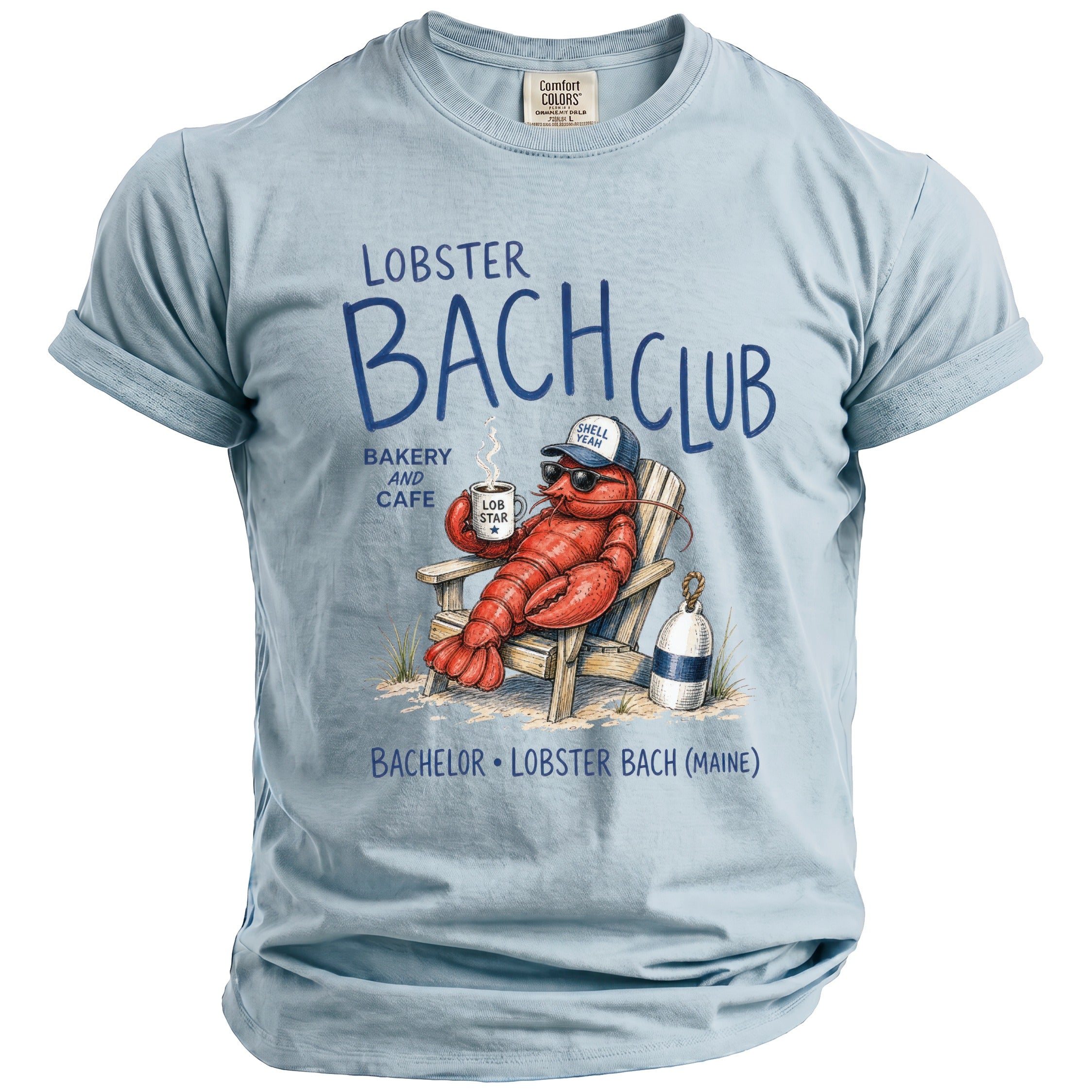 Light blue t-shirt with lobster at Lobster Bach Club and Cafe design.