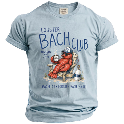 Light blue t-shirt with lobster at Lobster Bach Club and Cafe design.