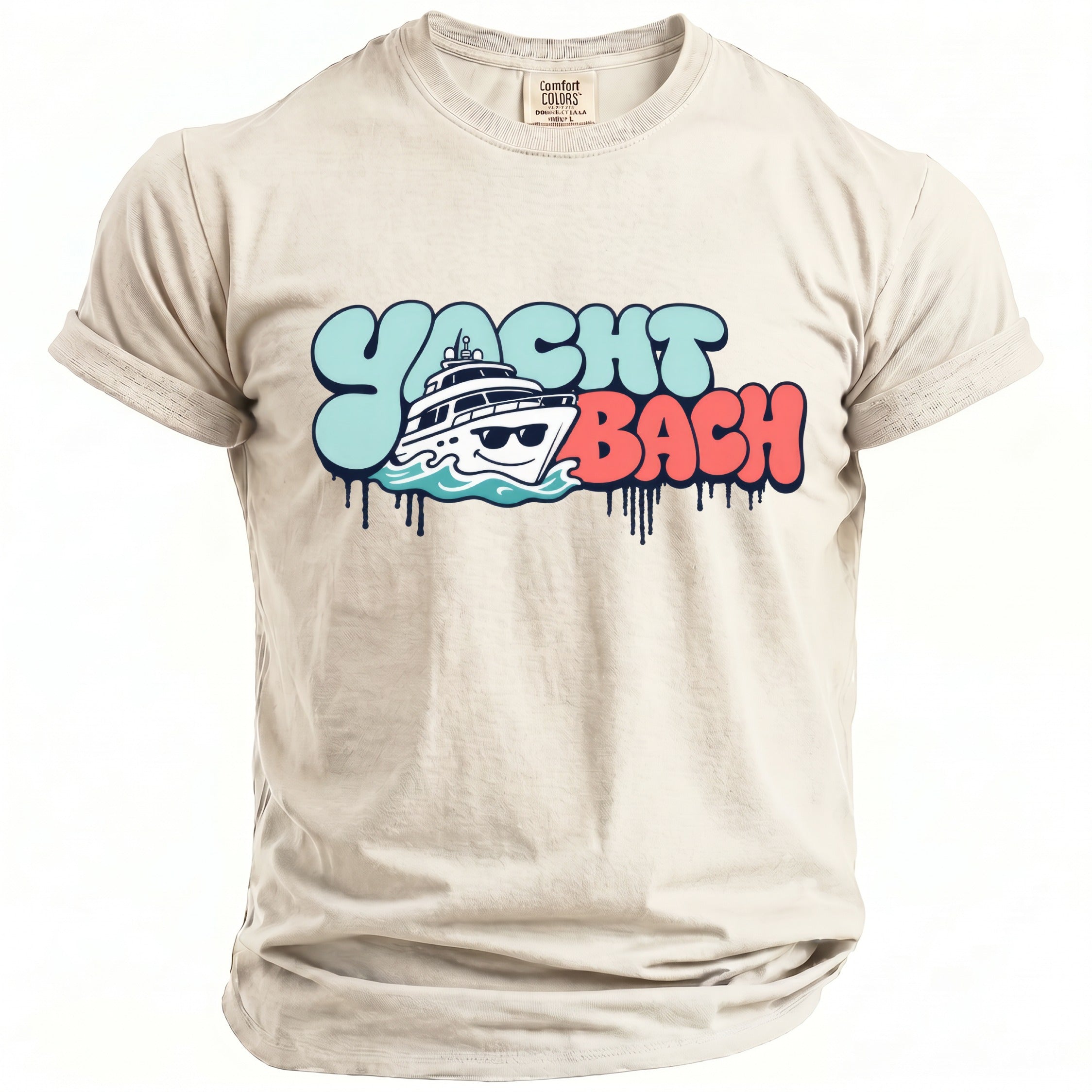 T-shirt with "Yacht Bach" text and a cartoon yacht wearing sunglasses.