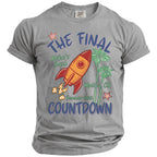 Grey t-shirt with a rocket, palm trees, and "The Final Countdown" text.