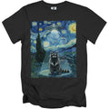 Black t-shirt featuring a raccoon in sunglasses under a UFO in a Van Gogh-style night sky.