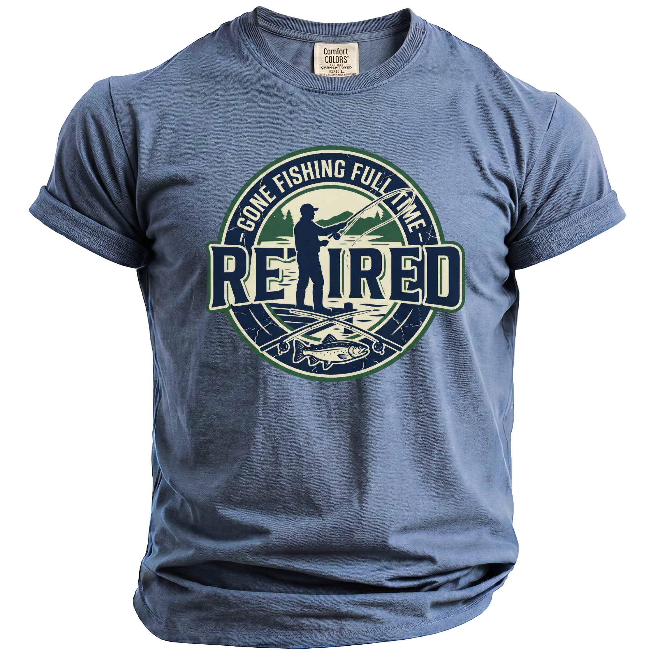 Blue t-shirt with a circular graphic of a fisherman and the text "RETIRED".