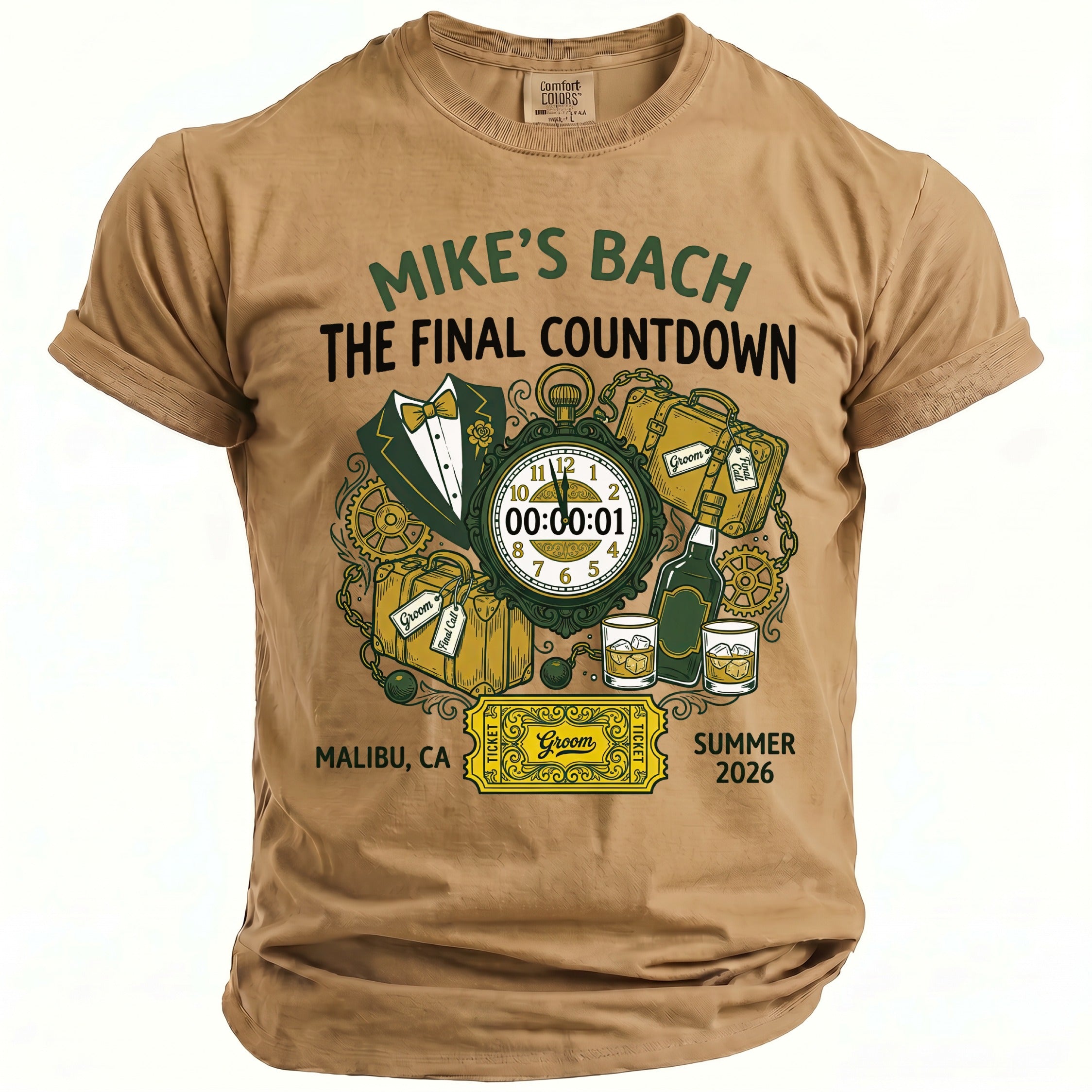T-shirt graphic: Mike's Bach, The Final Countdown, Malibu CA, Summer 2026.