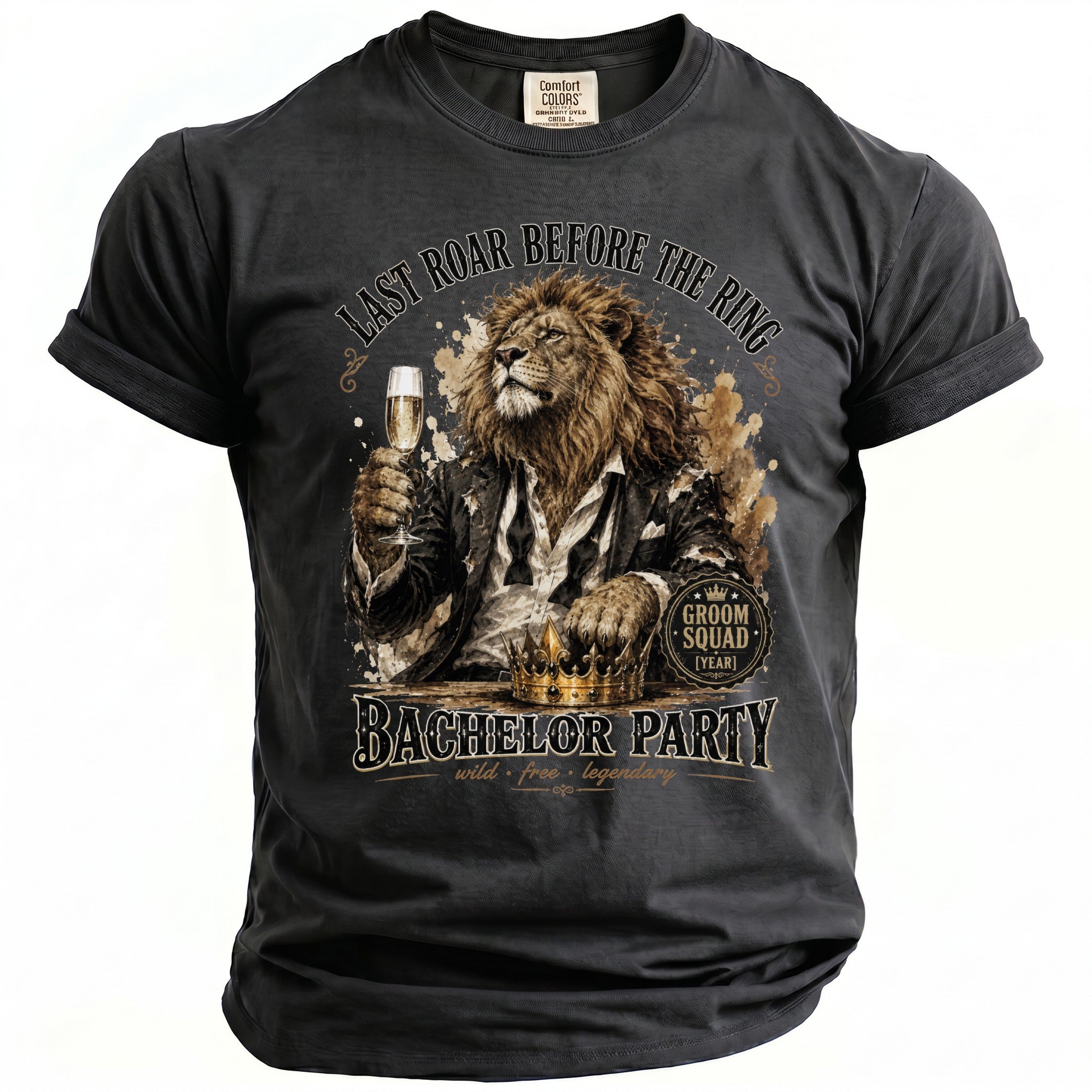 T-shirt graphic with lion in suit holding champagne, "Last Roar Before The Ring" and "Bachelor Party" text.