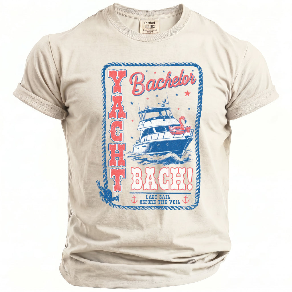 Off-white crewneck t-shirt featuring a blue and red nautical graphic that reads Yacht Bach! Last Sail Before The Veil.