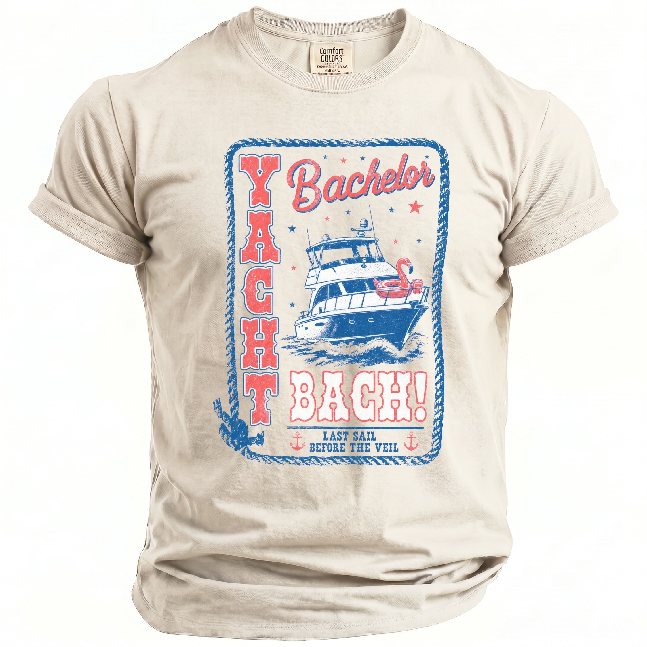 Off-white crewneck t-shirt featuring a blue and red nautical graphic that reads Yacht Bach! Last Sail Before The Veil.